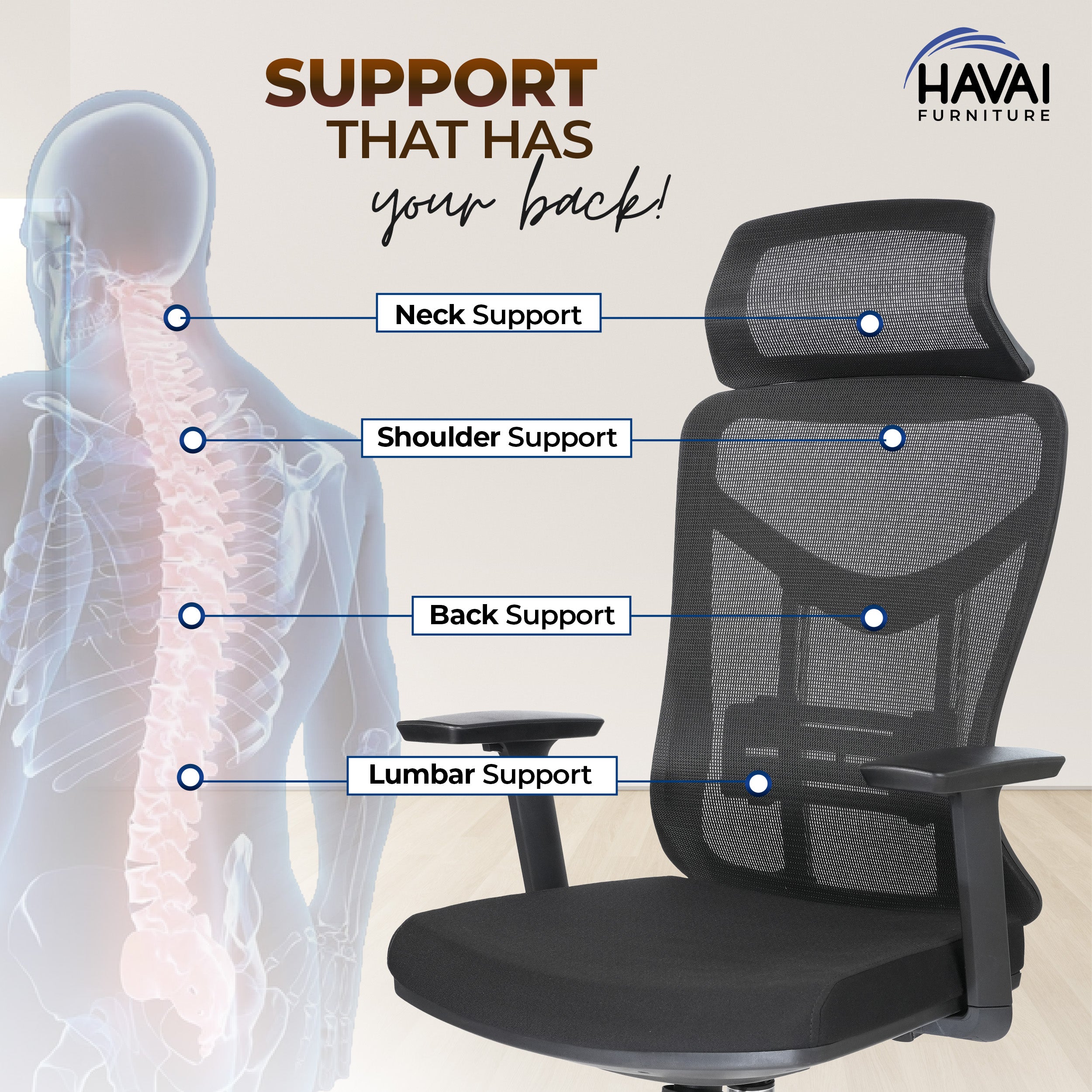 HAVAI Pulse High Back Ergonomic Mesh Office Chair | Multi-Lock Tilt Mechanism | Chrome Base| Breathable Mesh Back | Fixed Headrest (Black)