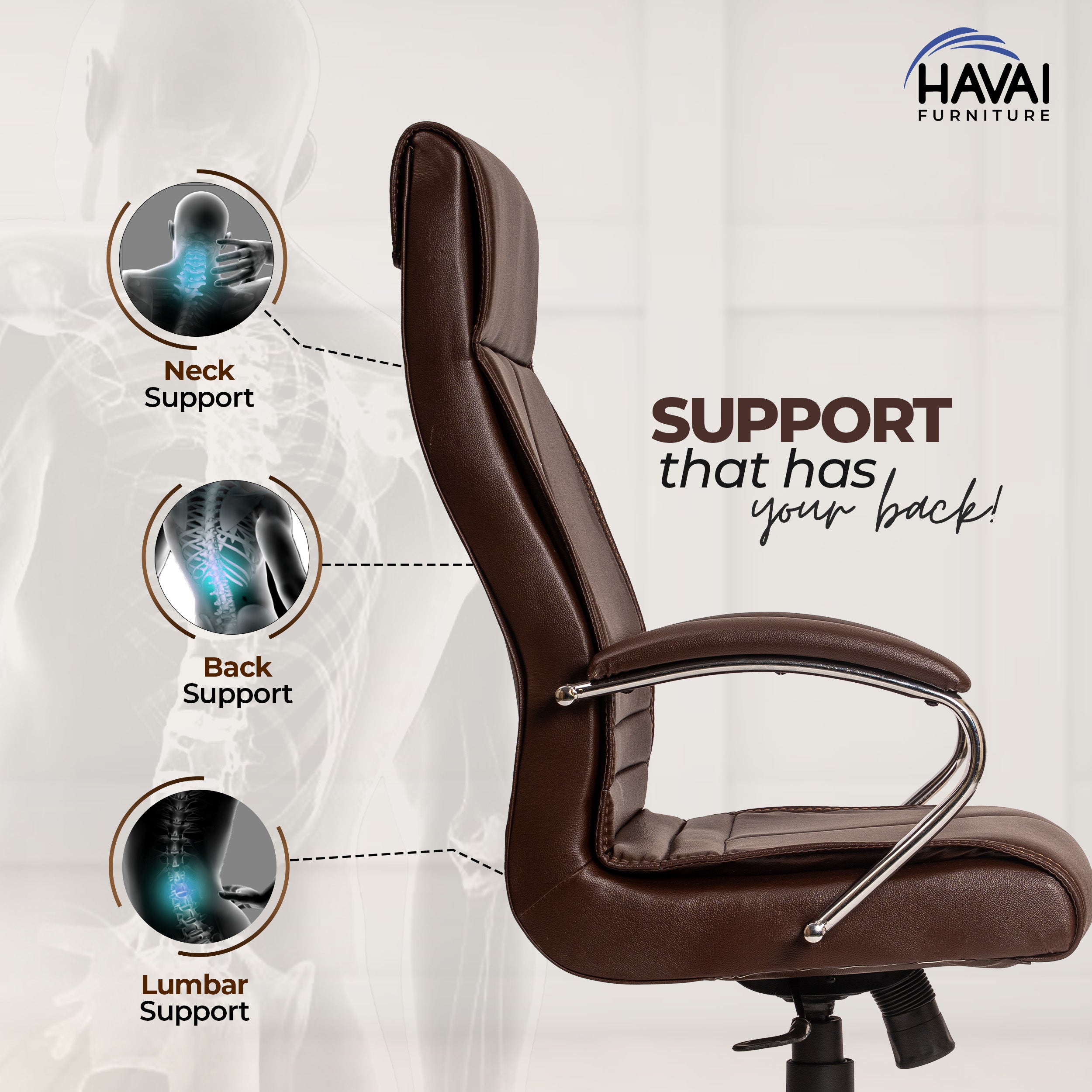 HAVAI Nova High Back Office Chair | Premium Leather | Ergonomic Executive Chair with Single Lock Tilt Mechanism | Chrome Steel Base & Arms | Class 4 Gaslift | 50mm Casters | High-Density Cushioned Seat & Back (Brown)