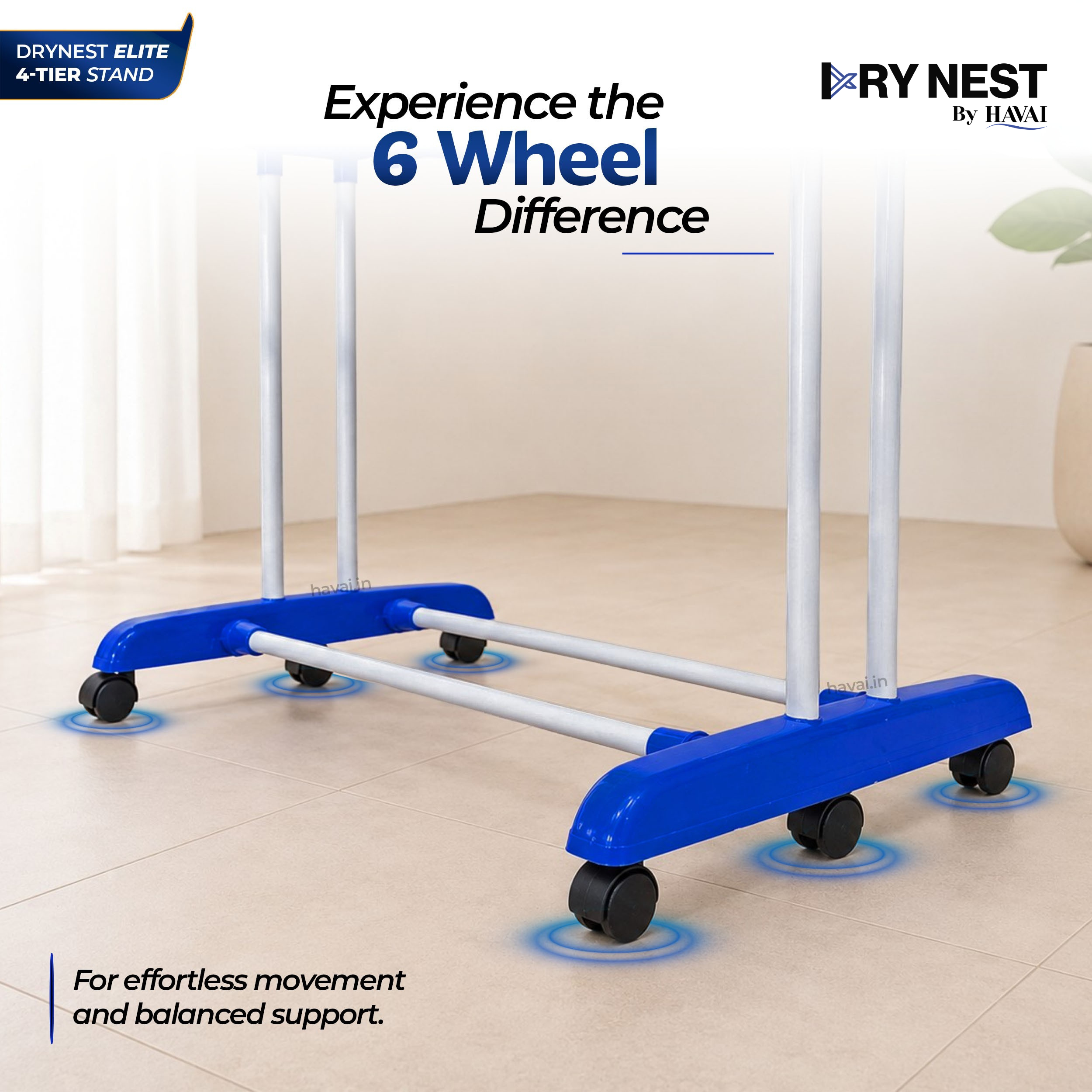 HAVAI Premium 4 Tier Stainless Steel Foldable Clothes Drying Stand with 6 Wheels | Heavy Duty Laundry Drying Rack for Indoor & Outdoor Use | Rust Resistant | Space Saving Design
