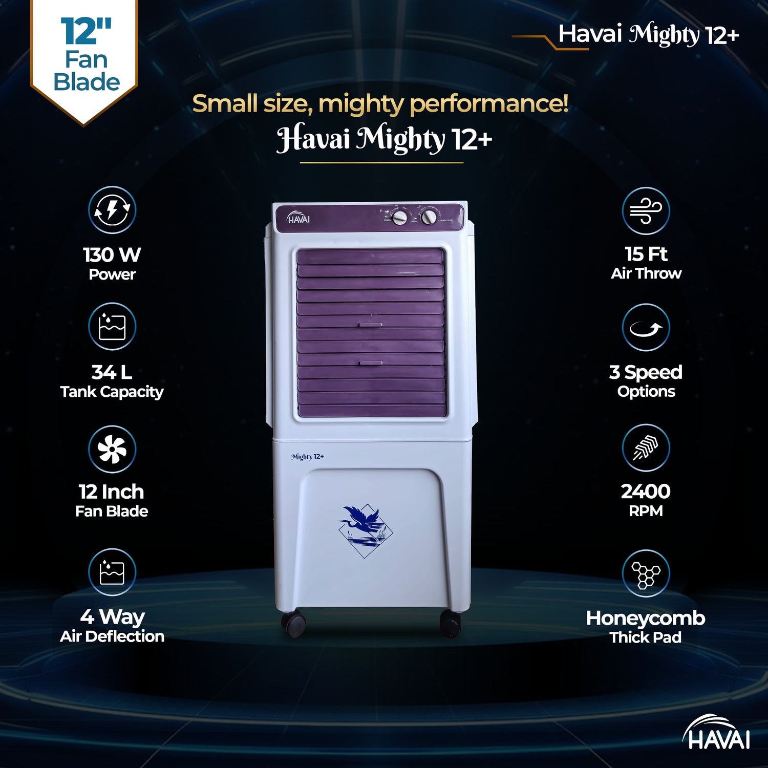 HAVAI Mighty 12+ | 12-Inch Personal Air Cooler | 36L Tank | 3-Side Honeycomb | Auto Swing | 3-Speed | 2400 RPM Motor | Vibrant Color | 200 Sq. Ft. Coverage