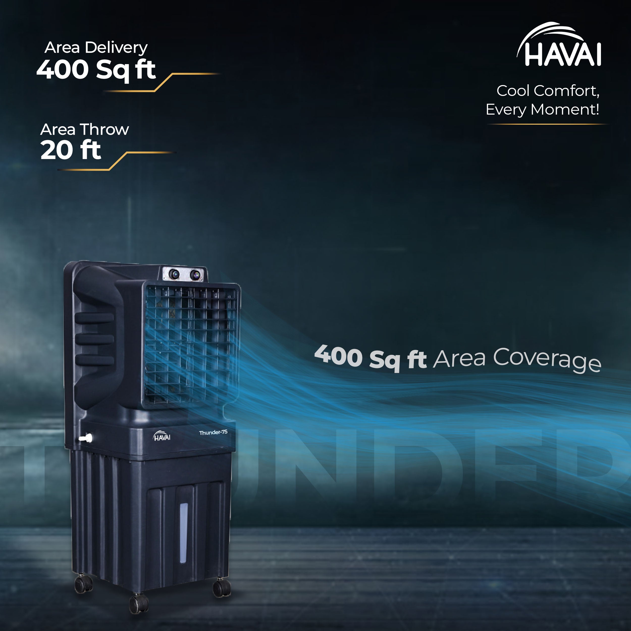 HAVAI Thunder-75 Air Cooler | 70L Tank Capacity, 150W Power, 250 Sq. Ft. Area Coverage | 15 Ft. Air Throw, Auto Louver Movement, 3-Speed Control, 3-Way Air Delivery | Powerful Cooling