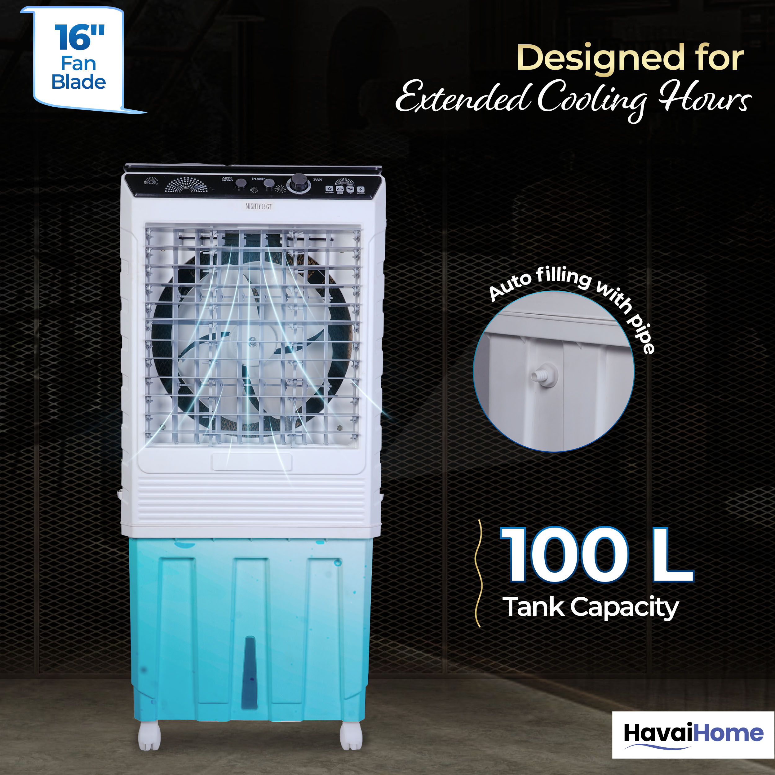 HAVAI Mighty 16 GT Glass Top Desert Air Cooler for Home & Commercial Use | 16 Inch Fan, 100L Tank, 5190 m³/hr Air Delivery | 350 Sq Ft Coverage | Honeycomb Pads, Aluminium Motor, Low Noise | White & Grey