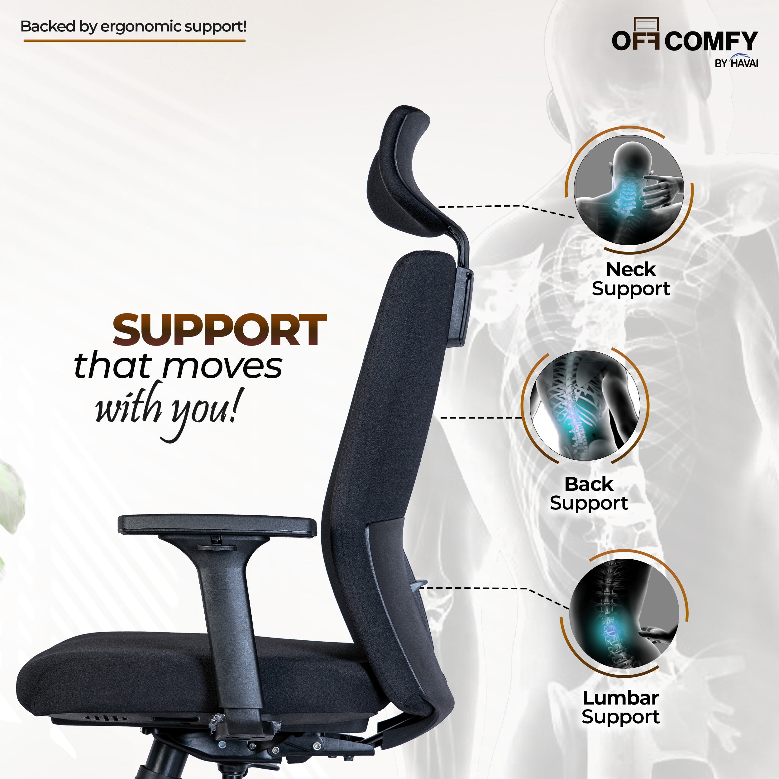 Off-Comfy by HAVAI Swift High Back Ergonomic Office Chair | Fixed Headrest | 3D Adjustable Armrest | Lumbar Support | Synchronized Recline | Chrome Base | Work from Home & Office Chair