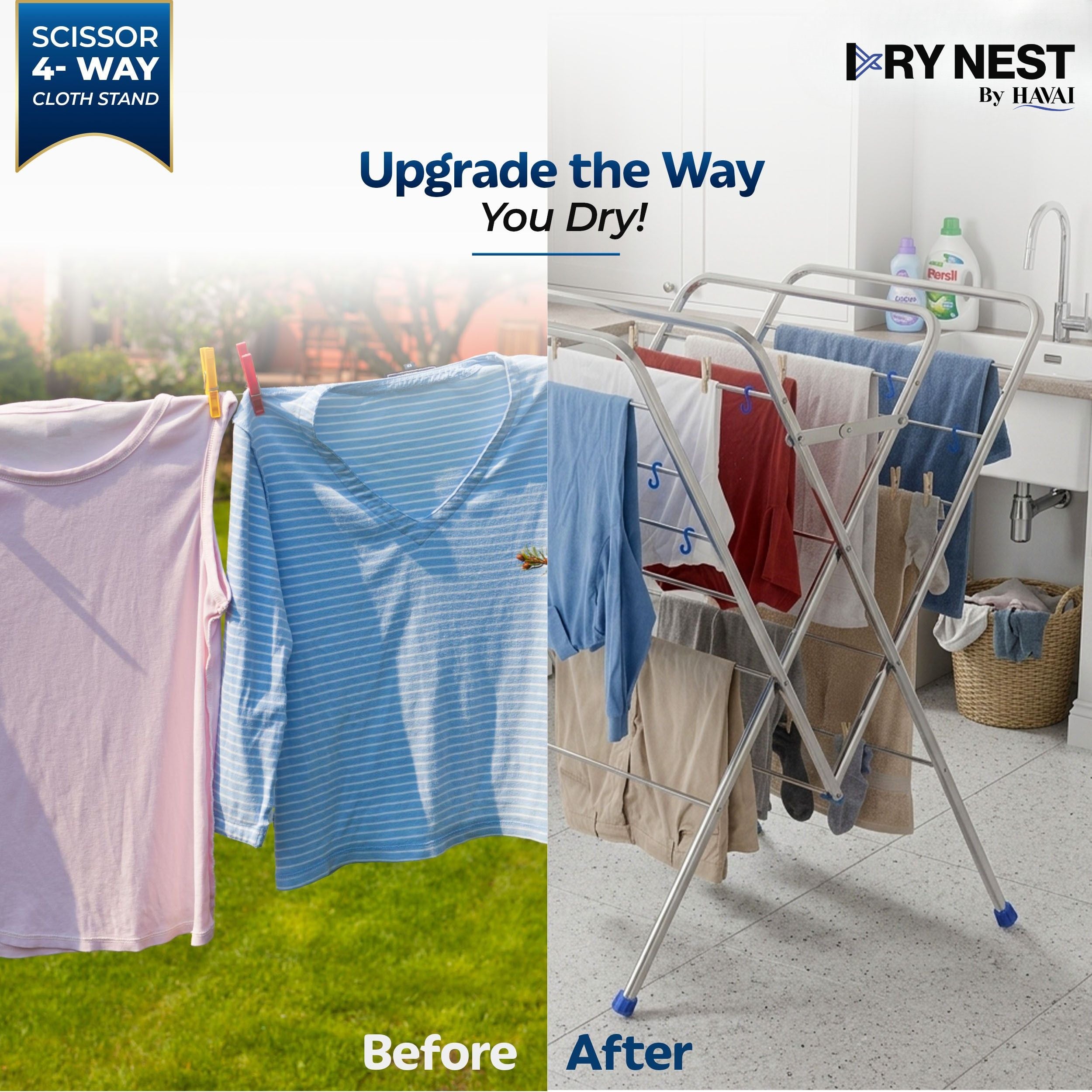 HAVAI DRY NEST 3kg Heavy Duty Premium Cloth Drying Stand | 4-Way Foldable Stainless Steel Clothes Dryer | 20 Rods with Hanger Hooks | 30kg Load Capacity | Strong & Stable | 2 Year Warranty