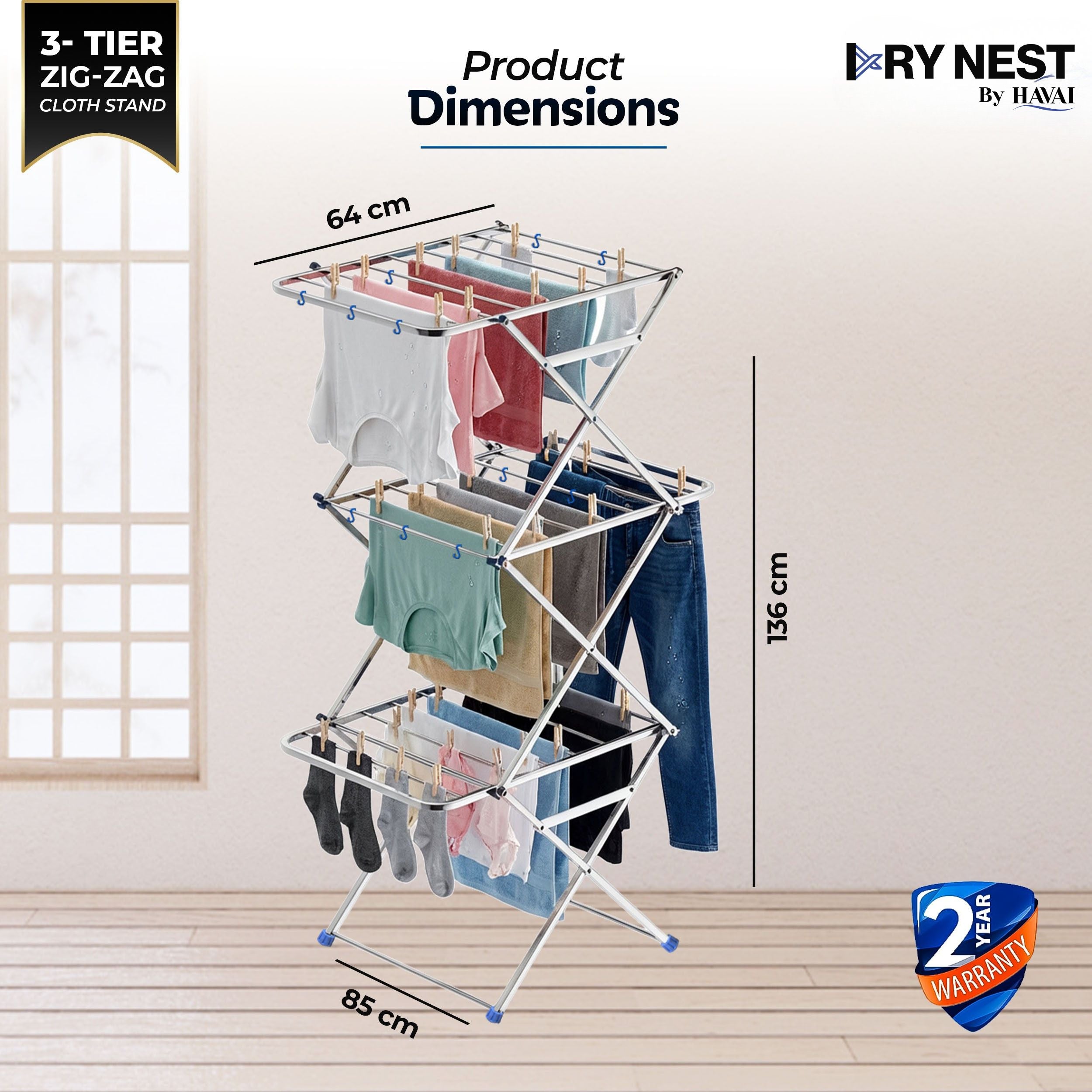 HAVAI DryNest 4.5 KG Heavy Duty Clothes Drying Stand | 40 KG Load Capacity | 3-Tier Zig-Zag Foldable Stainless Steel Airer | Rust Resistant Laundry Rack for Balcony, Indoor & Outdoor Use