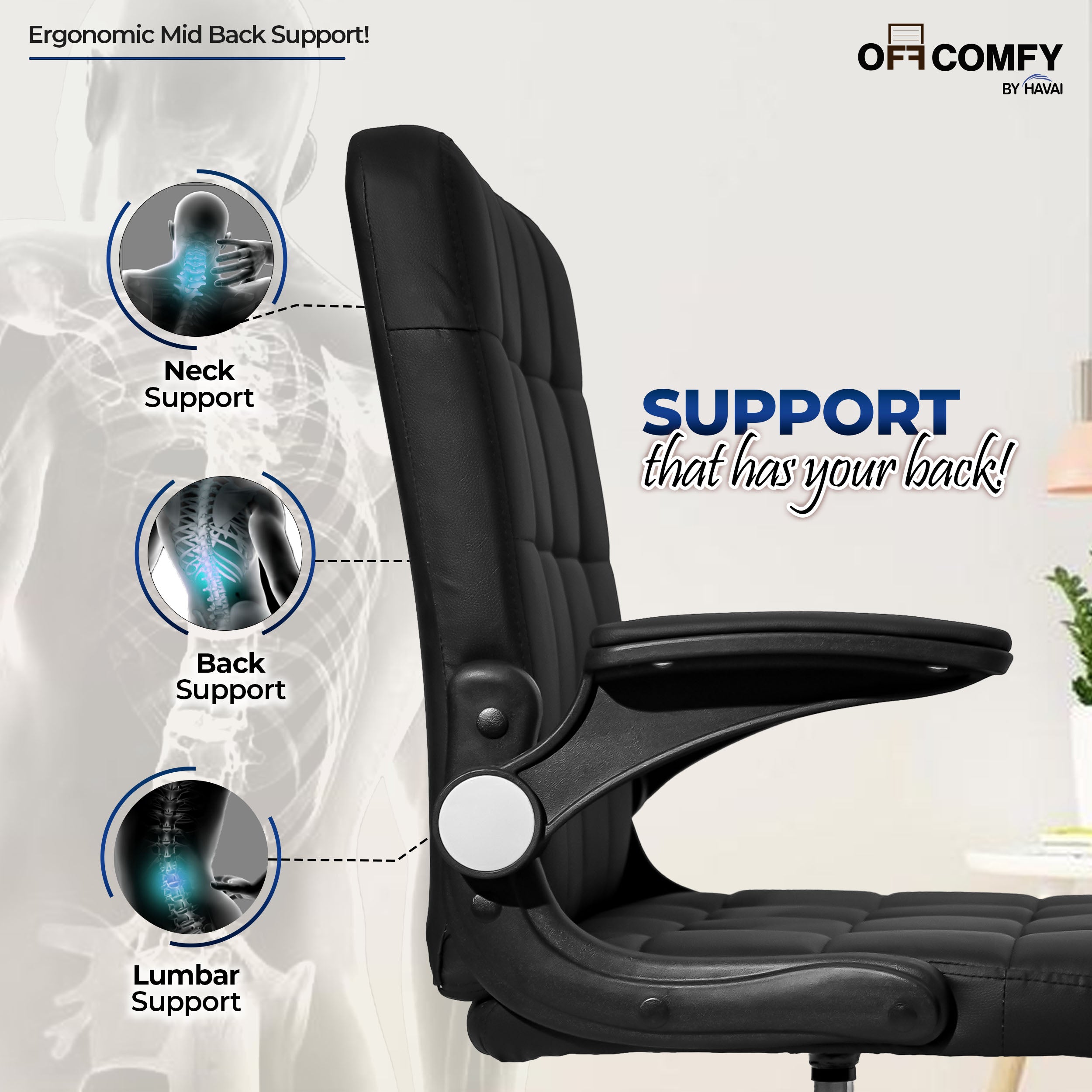 HAVAI Urban Seat Executive Office Chair | Premium Black PVC Upholstery | Ergonomic Cushioned Seat | Class 1 Gas Lift | Nylon Base & Wheels | Home, Office & WFH Chair