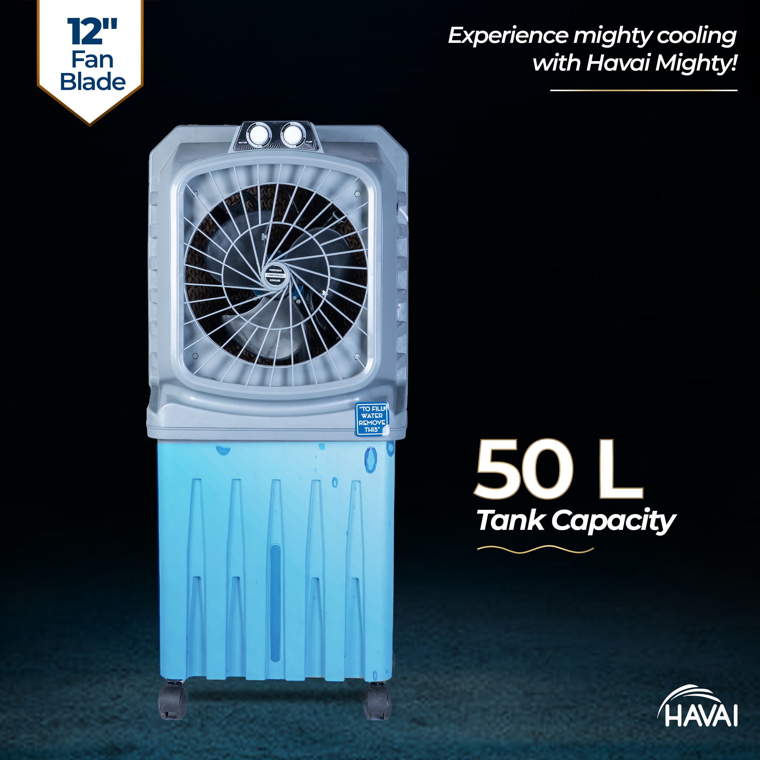 HAVAI Mighty 12 Personal Air Cooler | 12 inch Blade | 50L Tank Capacity, 120W Power, 200 Sq. Ft. Area Coverage | 15 Ft. Air Throw, 3-Speed Control, Grey
