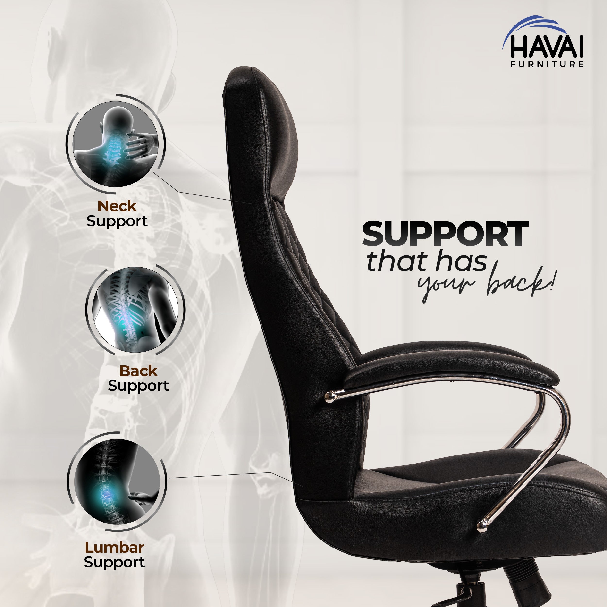 HAVAI Prime High Back Office Chair | Ergonomic Executive Chair | Premium Leather | Single Lock Tilt Mechanism | Mild Steel Chrome Base & Arms | Class 4 Gaslift | 50mm Casters | High-Density Back & Seat Cushion (Black)