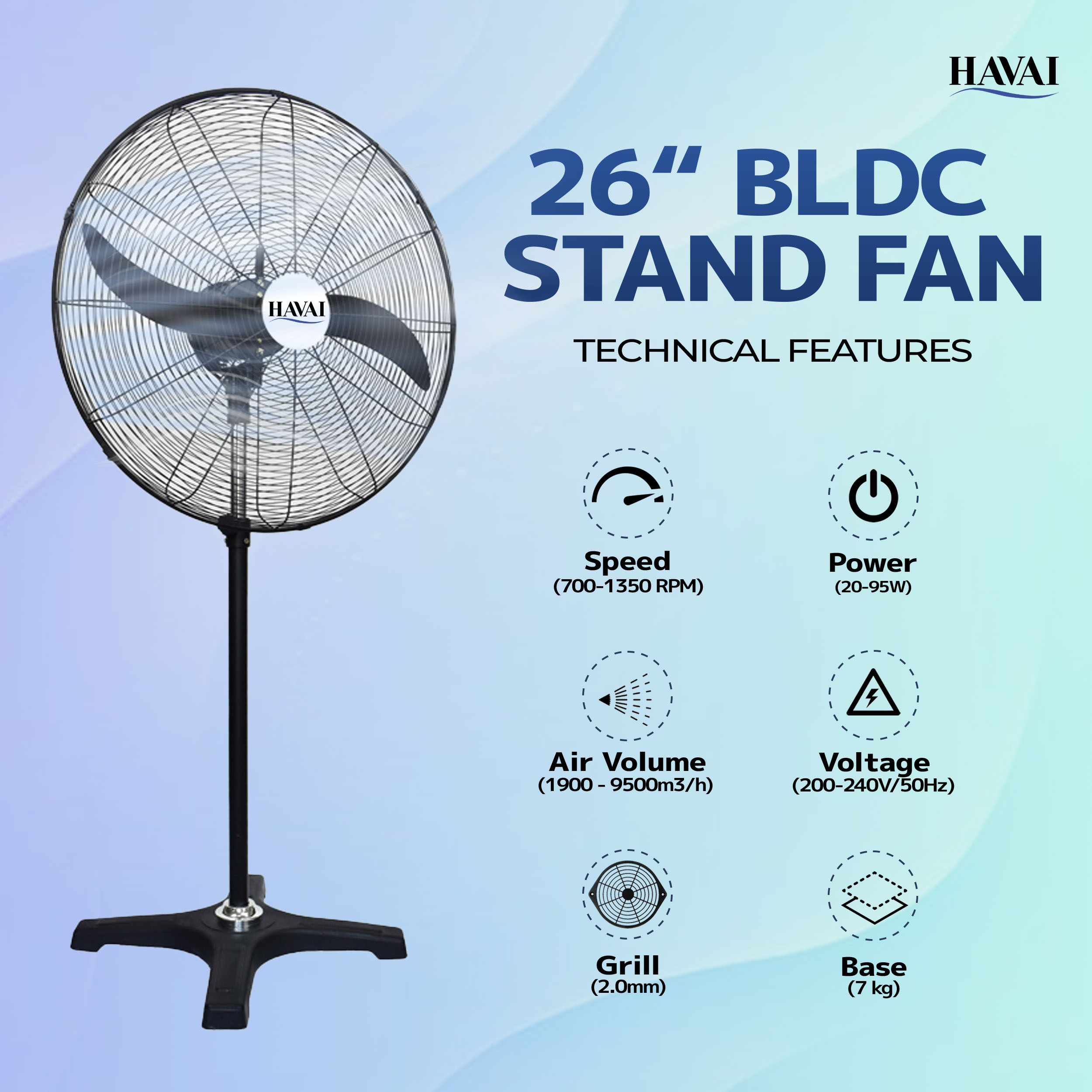 HAVAI BLDC Pedestal Fan 26 inch, 50% Savings on Electricity, High Velocity, Heavy Duty Metal for Industrial, Commercial and Residential Use, Assembly Included