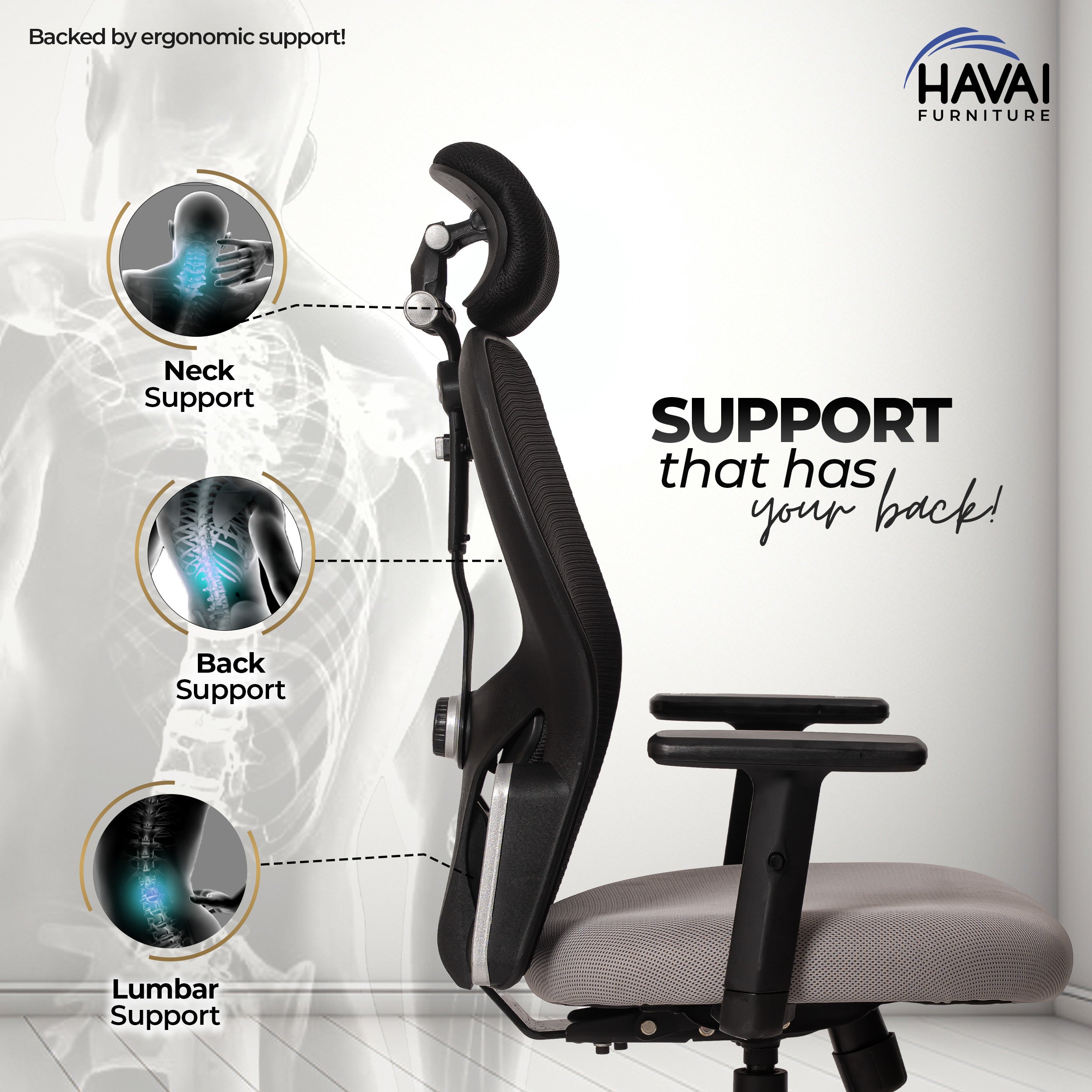 HAVAI Tauras Lean Back High Back Mesh Ergonomic Office Chair | Single Lock Synchro Tilt | Nylon Base | Class 4 Gaslift | 1D Adjustable Armrests | 50mm Casters | Premium Mesh Back & Fabric Seat
