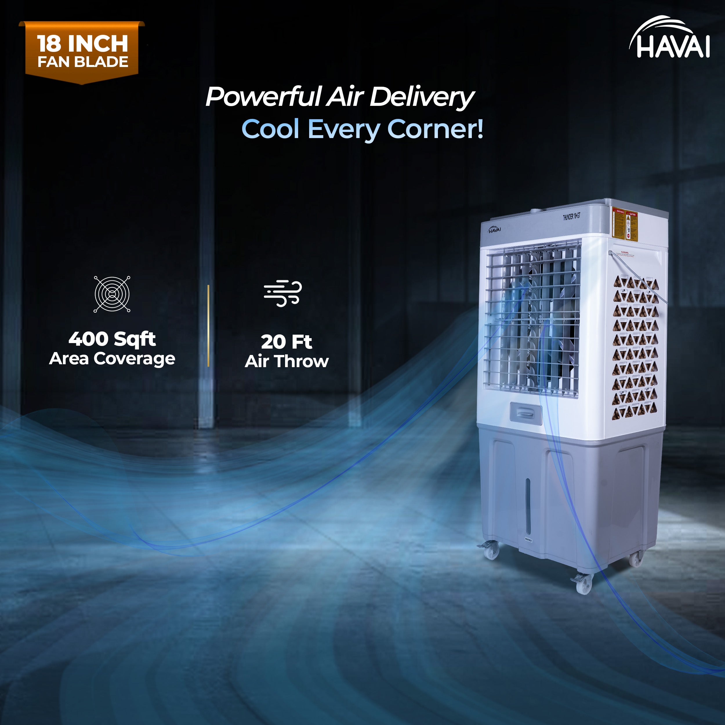 HAVAI Thunder 18+ GT Desert Cooler | 18” Aluminium Blade | 100L Tank | 3-Side Honeycomb Pads | 20 Ft Air Throw | Heavy-Duty 110mm Motor | Auto Swing | White & Grey