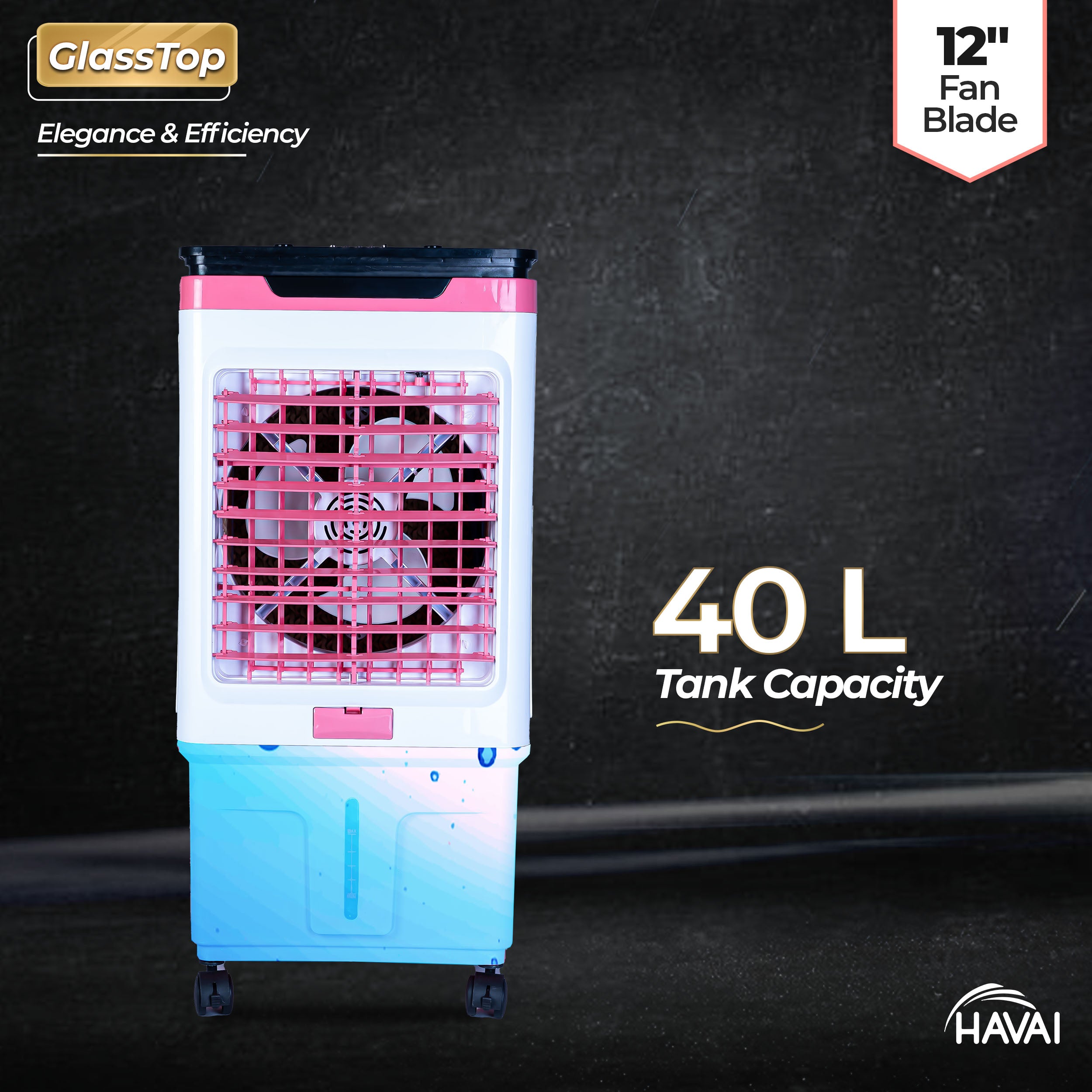 HAVAI Premium Glass Top GT 12 | 12" Fan Blade | 40 Litre Tank Capacity | 160W Power | 15ft Air Throw | 3-Side Honeycomb Cooling | Sleek Glass Top Design | 4 Castor Wheels (PINK)