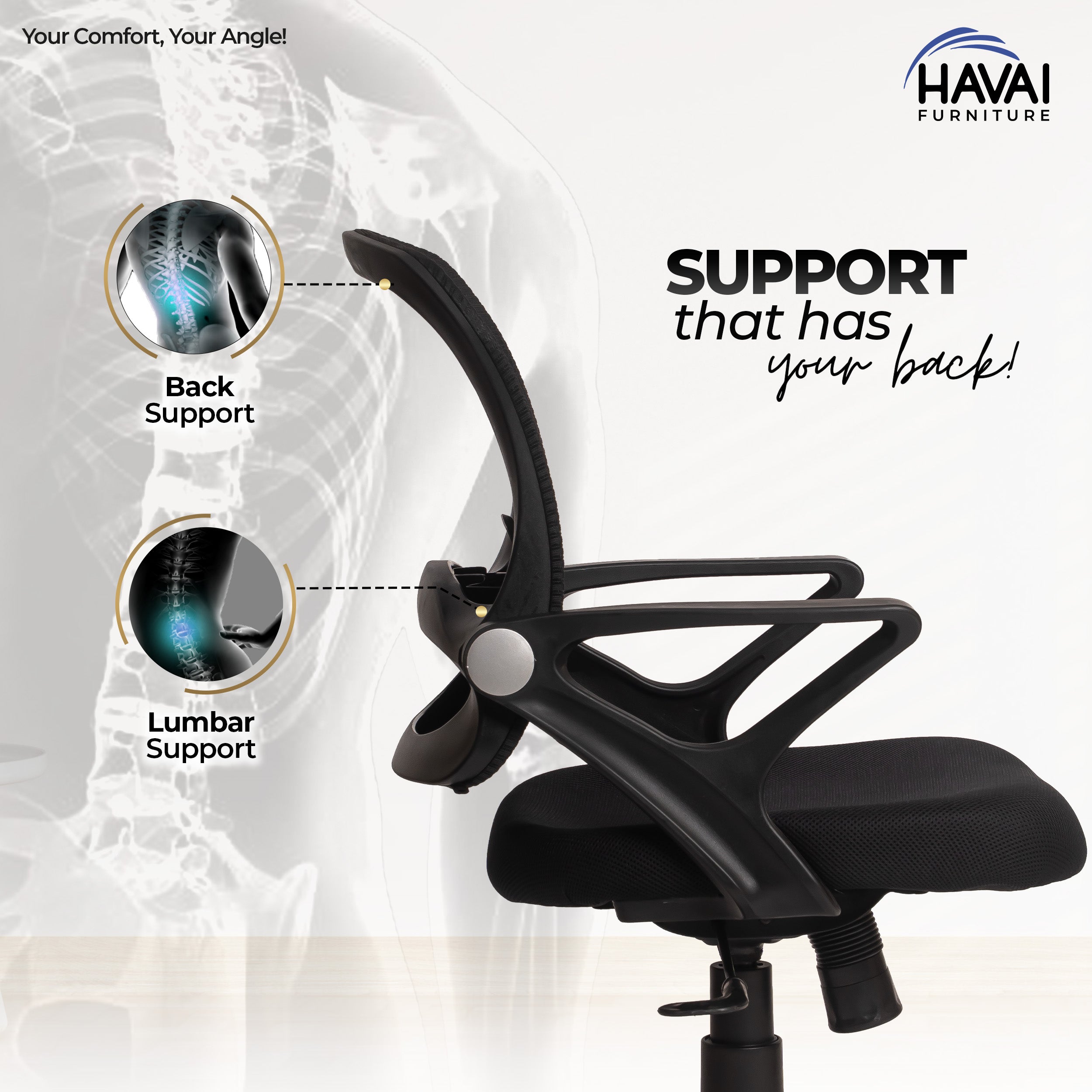 HAVAI Flame Back Low Back Ergonomic Mesh Office Chair | Single Lock Tilt Mechanism | Mild Steel EPC Base | Class 4 Gaslift | Fixed Armrests | 50mm Casters | Breathable Mesh Back