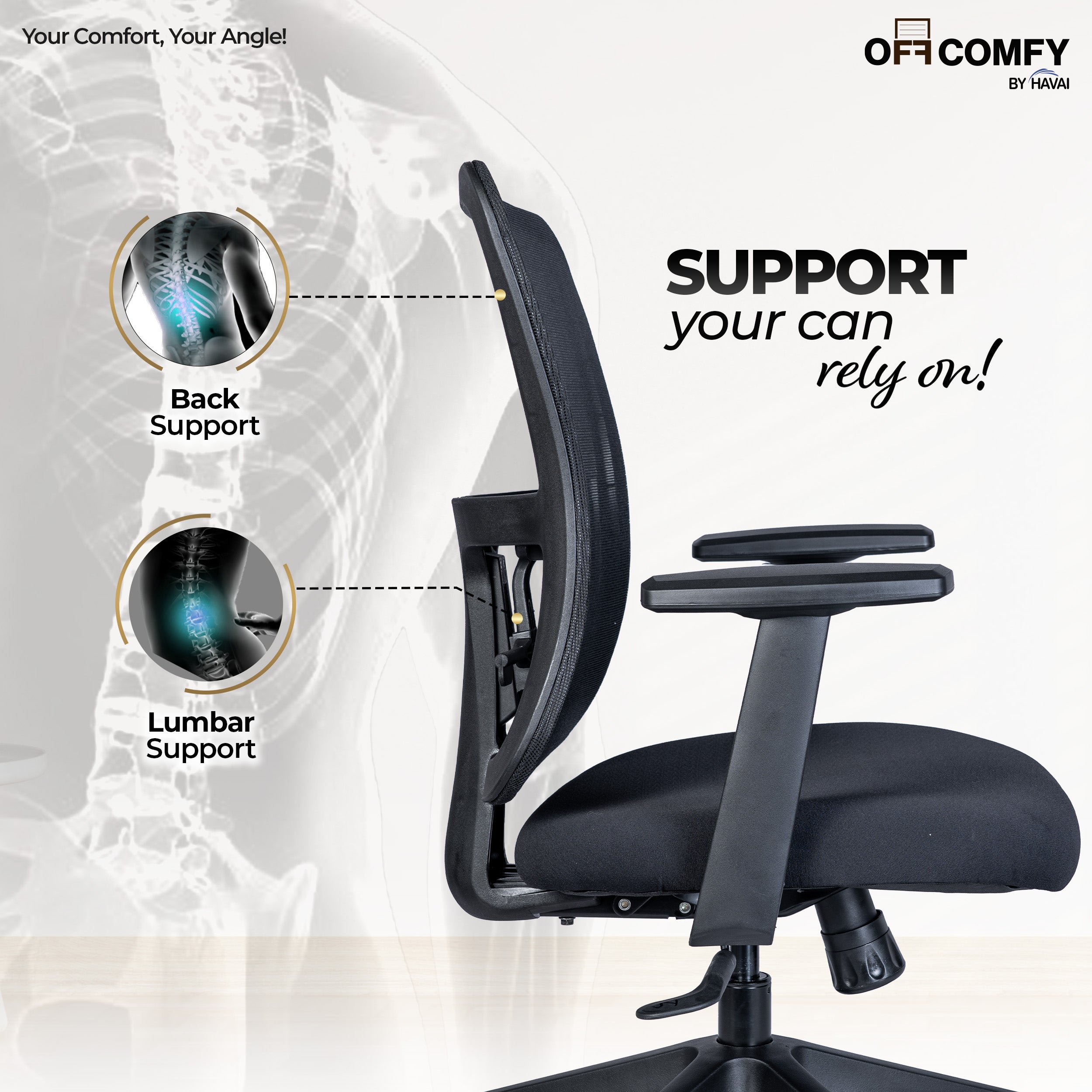 HAVAI Off-Comfy Alpha Black Ergonomic Office Chair | Yuva Mesh Back | Adjustable Lumbar Support | 1D Armrest with PP Pad | Synchro Tilt with Lock | Class 4 Gaslift | Nylon Base & 60mm Castors
