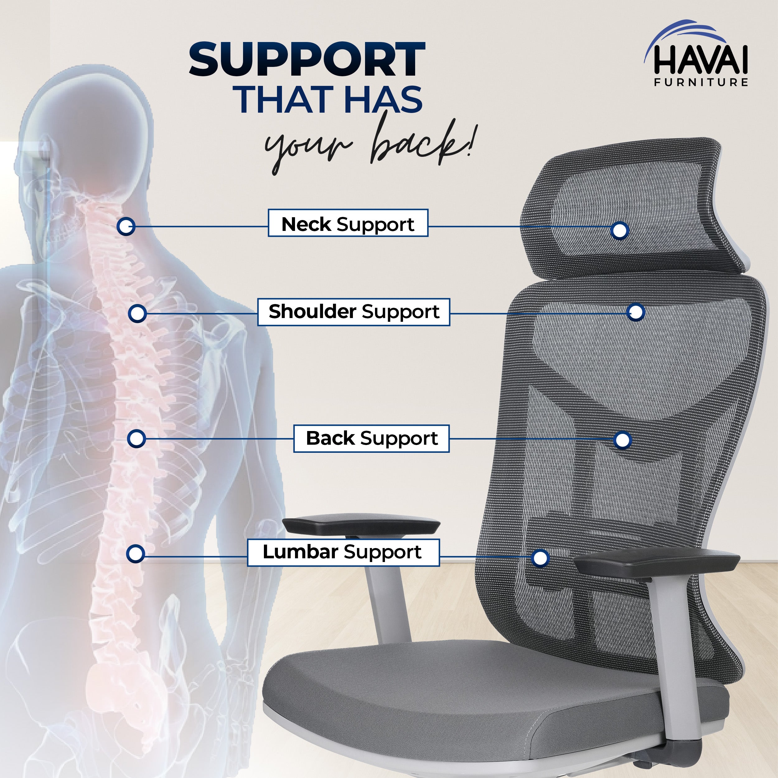 HAVAI Pulse High Back Ergonomic Mesh Office Chair | Multi-Lock Tilt Mechanism | Chrome Base| Breathable Mesh Back | Fixed Headrest (Grey)
