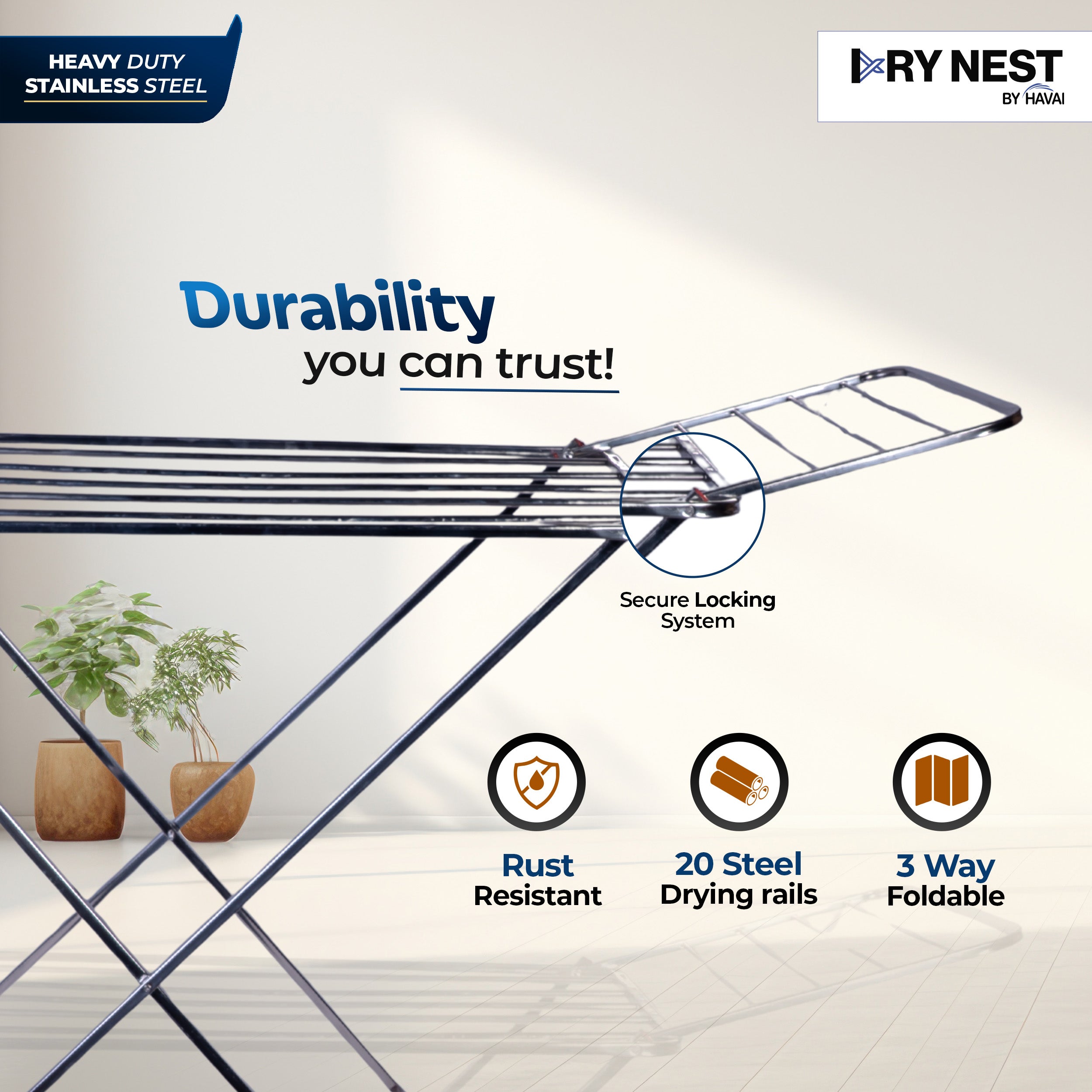 DryNest by HAVAI – 3.5 KG Premium Clothes Drying Stand | 3-Way Foldable Airer | 20 Rust-Free Steel Drying Rails | Heavy-Duty & Portable | 1-Year Warranty | Balcony & Indoor Friendly