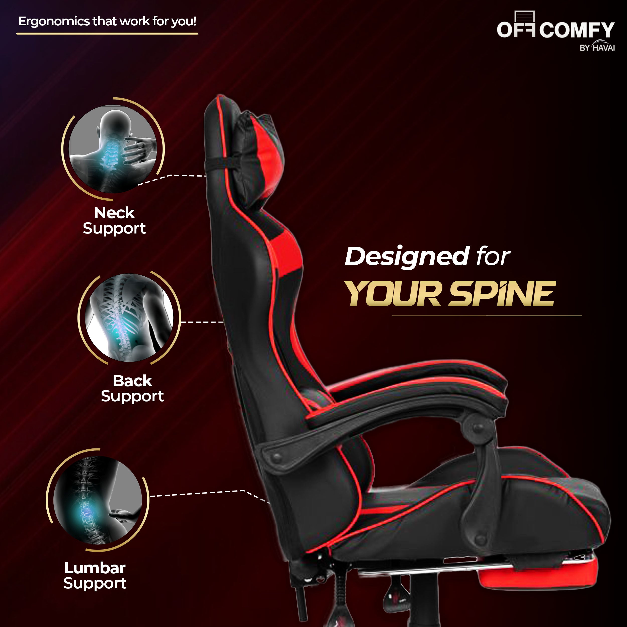 HAVAI Vortex Red Gaming Chair | Ergonomic High Back Computer Chair with Linkage Armrests | Reclining & Folding Backrest | Premium 0.55mm PVC Upholstery | High Density Foam Cushion | Class 1 Gas Lift | 320mm Nylon Base | Heavy Duty Wheels | (Red & Black)