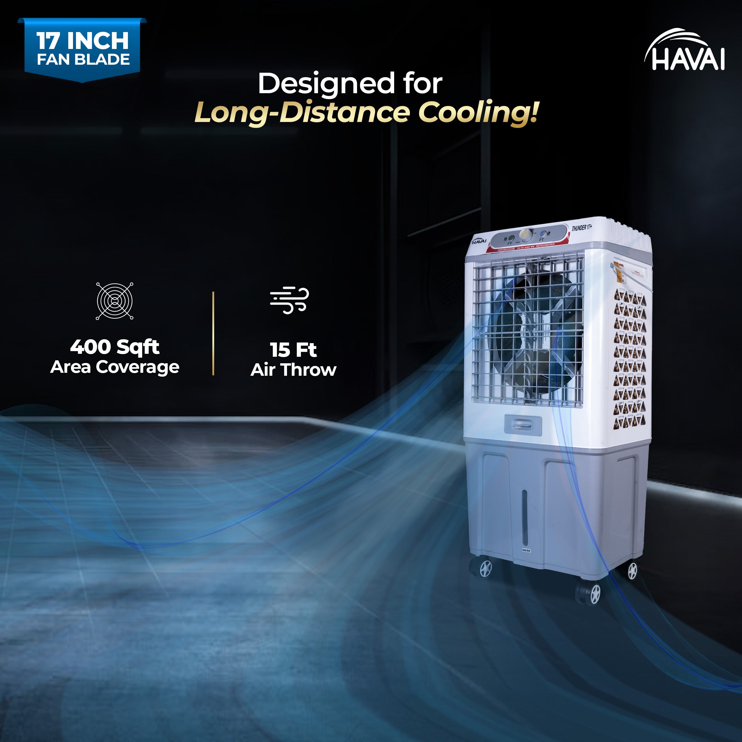 HAVAI Thunder 17+ Desert Cooler | 100L Tank | 17-Inch Fan Blade | 3-Side Honeycomb Pads | Heavy-Duty 110 Dia 32mm Motor | Auto Swing | 1-Year Motor Warranty & Post-Warranty Service | White & Brown