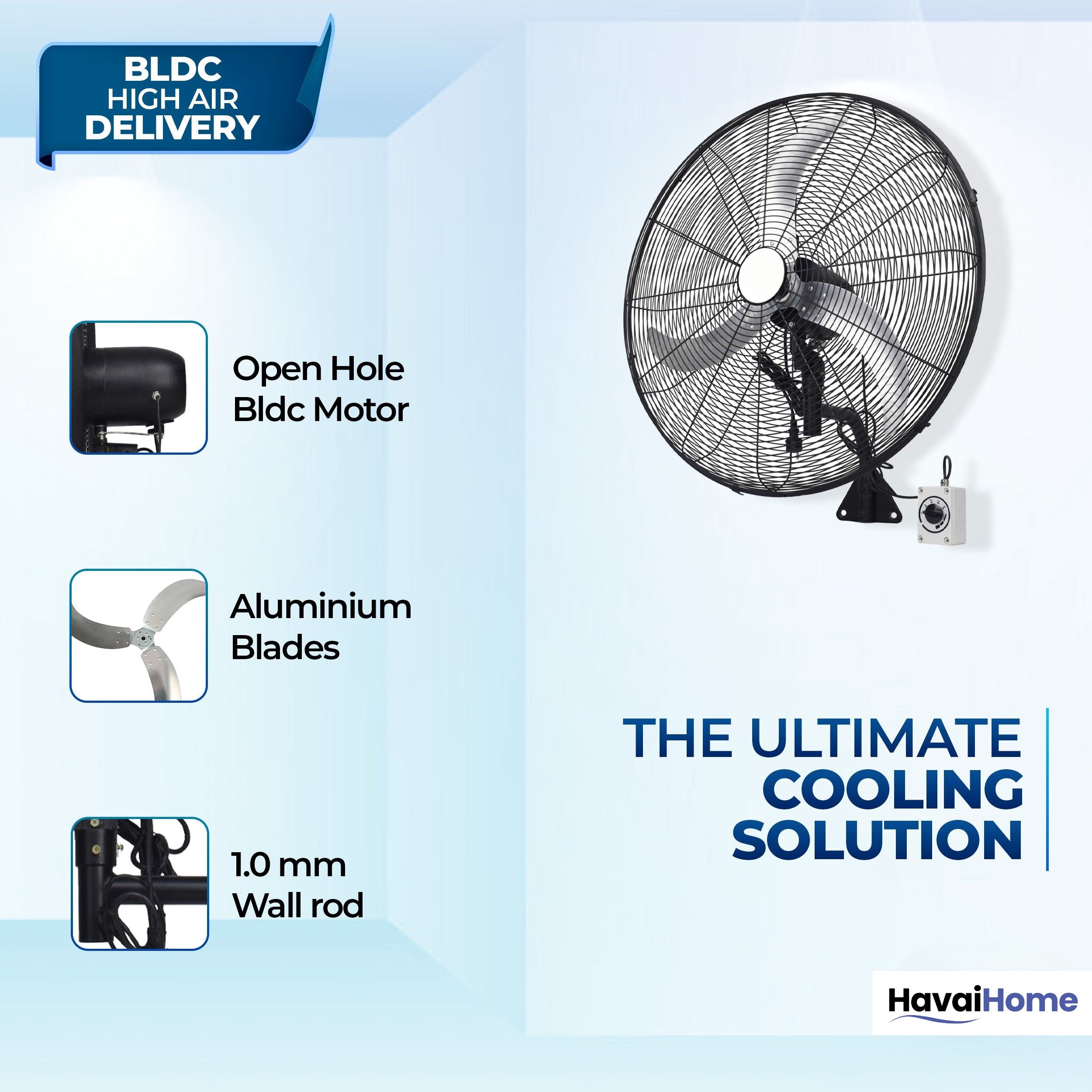 20" BLDC High-Speed Wall-Mount Fan – 3-Blade Design, Energy Efficient (20W-120W), 700-1400 RPM, 11,000 M³/Hr Airflow, 45-Foot Air Throw, 4-Speed Control, 2-Year Warranty