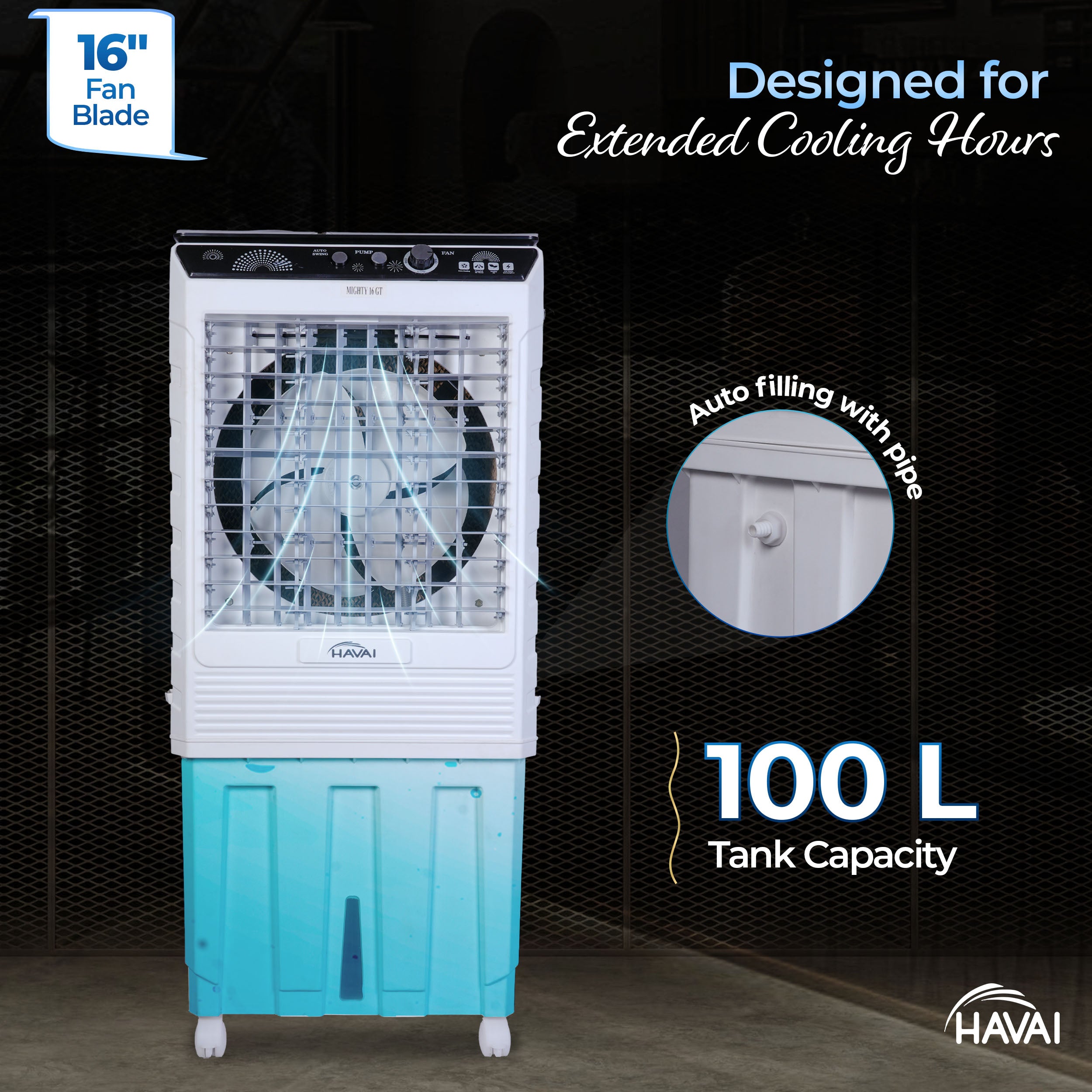 HAVAI Mighty 16 GT Glass Top Desert Air Cooler for Home & Commercial Use | 16 Inch Fan, 100L Tank, 5190 m³/hr Air Delivery | 350 Sq Ft Coverage | Honeycomb Pads, Aluminium Motor, Low Noise | White & Grey