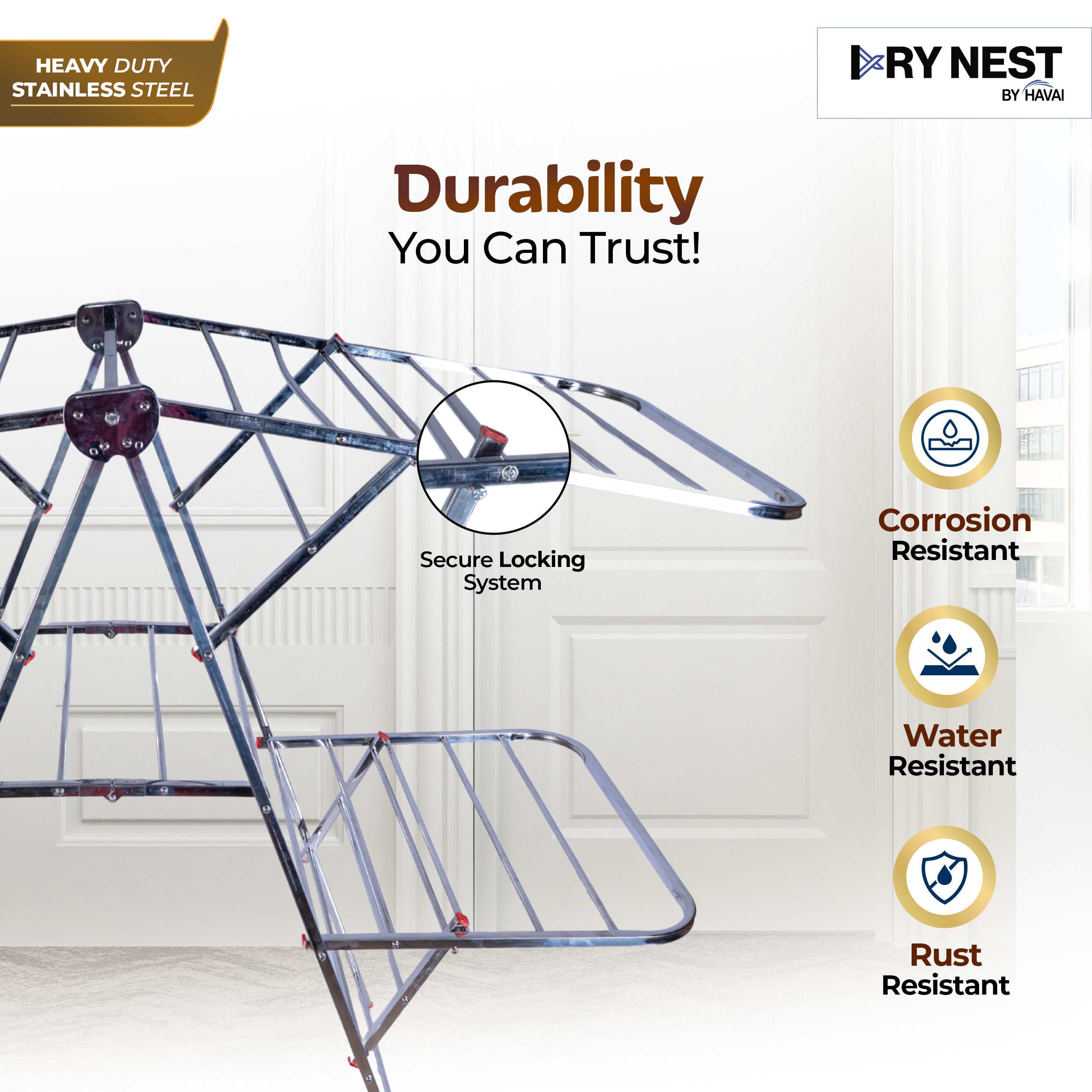 DryNest By HAVAI – Foldable Cloth Drying Stand | Double Zig-Zag Stainless Steel Dryer Rack | Space-Saving Design for Balcony, Indoor & Outdoor Use