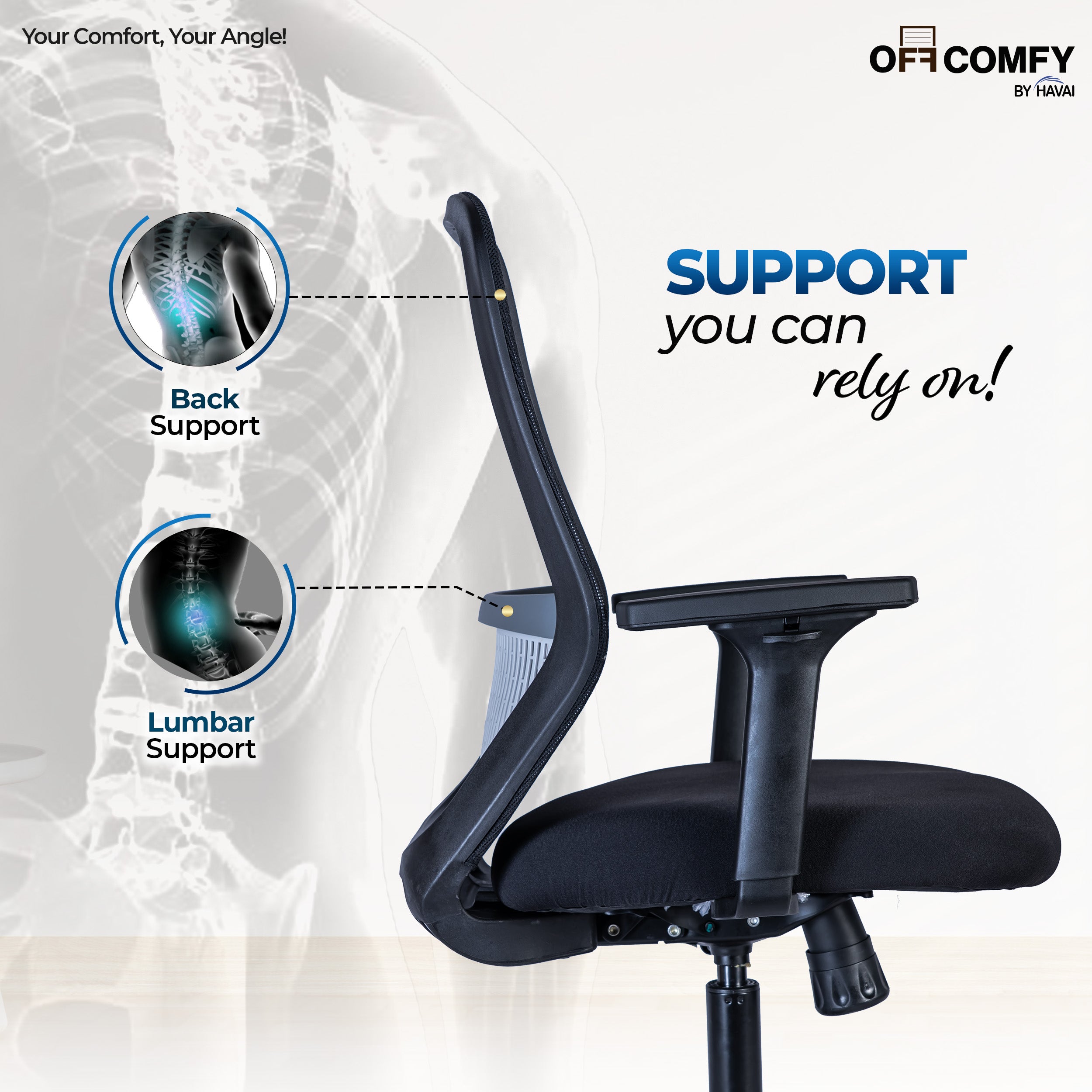 HAVAI Off-Comfy Luna Black Ergonomic Office Chair | Yuva Mesh Back | 2D Arms with TPU Pad | Synchro Tilt with Lock | Class 4 Samhongsa Gaslift | Claw Chrome Base | 60mm Castors(Black)