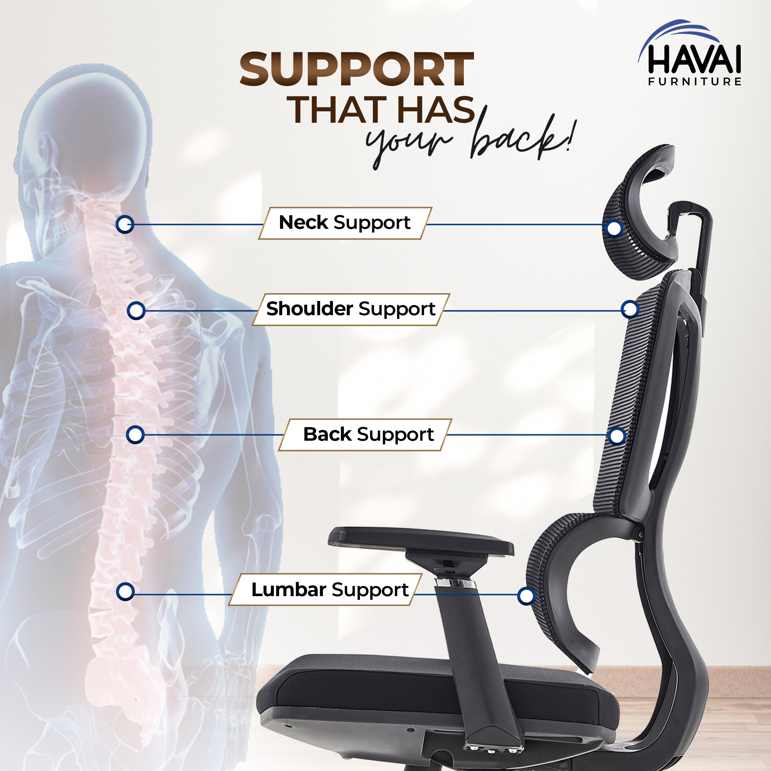 HAVAI Neo High Back Ergonomic Mesh Office Chair | Multi-Lock Mechanism | Chrome Base | 3D Armrests with PU Pads | Adjustable Headrest | Breathable Mesh Back (Black