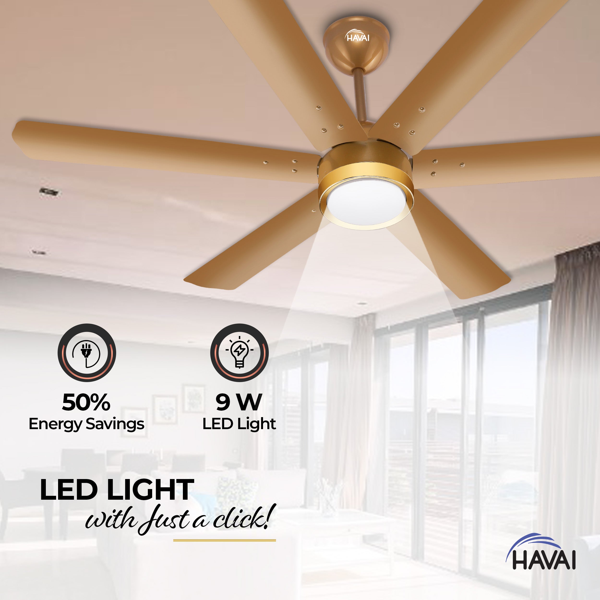 HAVAI Spinel BLDC Ceiling Fan with Decorative Ring | 1200mm, 6 Blades, 25W | Remote Control & 9W LED Light | 2 Years Warranty | Champagne Yellow