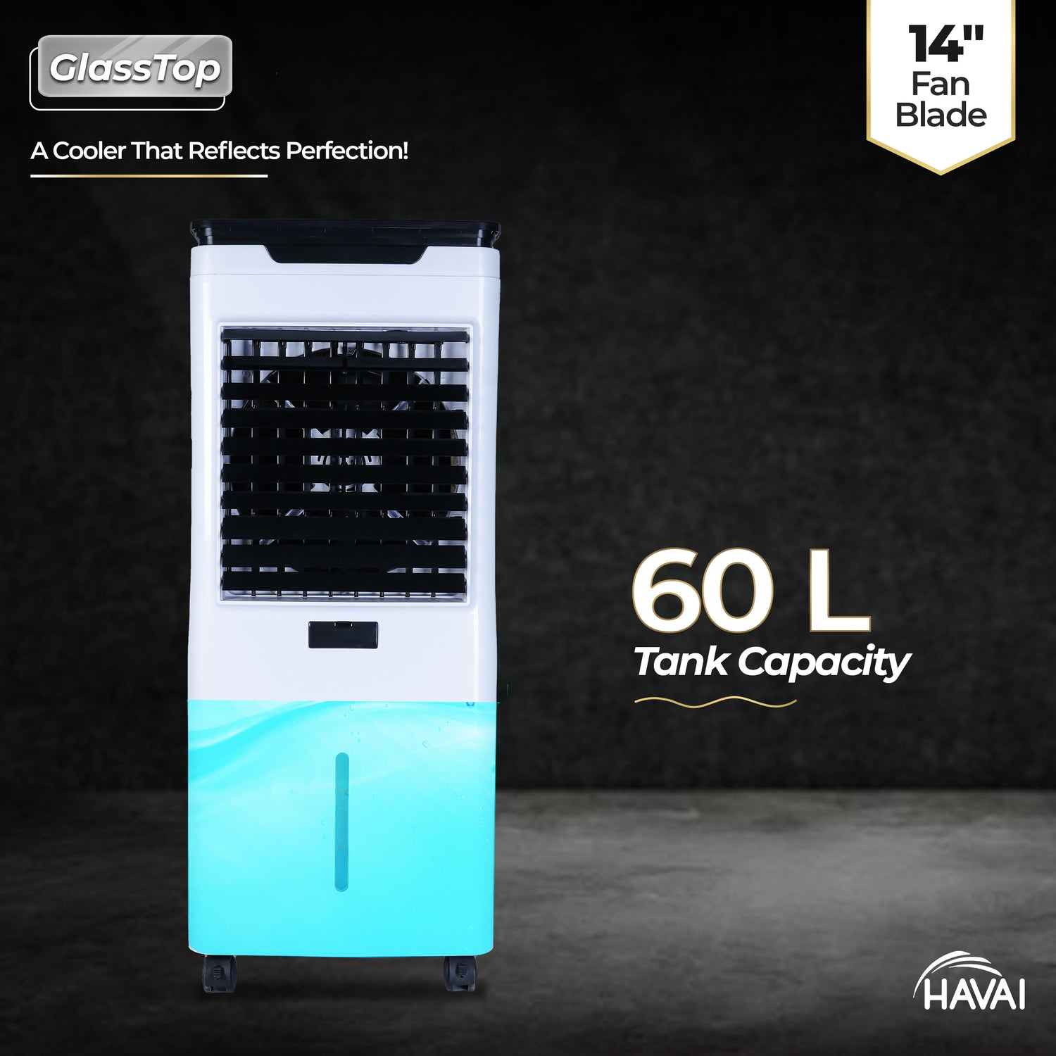 HAVAI Premium Glass Top GT 14 Air Cooler | 60L Tank Capacity | 14" Fan Blade | 170W Power | 20ft Air Throw | 3-Side Honeycomb Cooling | Sleek Glass Top Design | 4 Castor Wheels