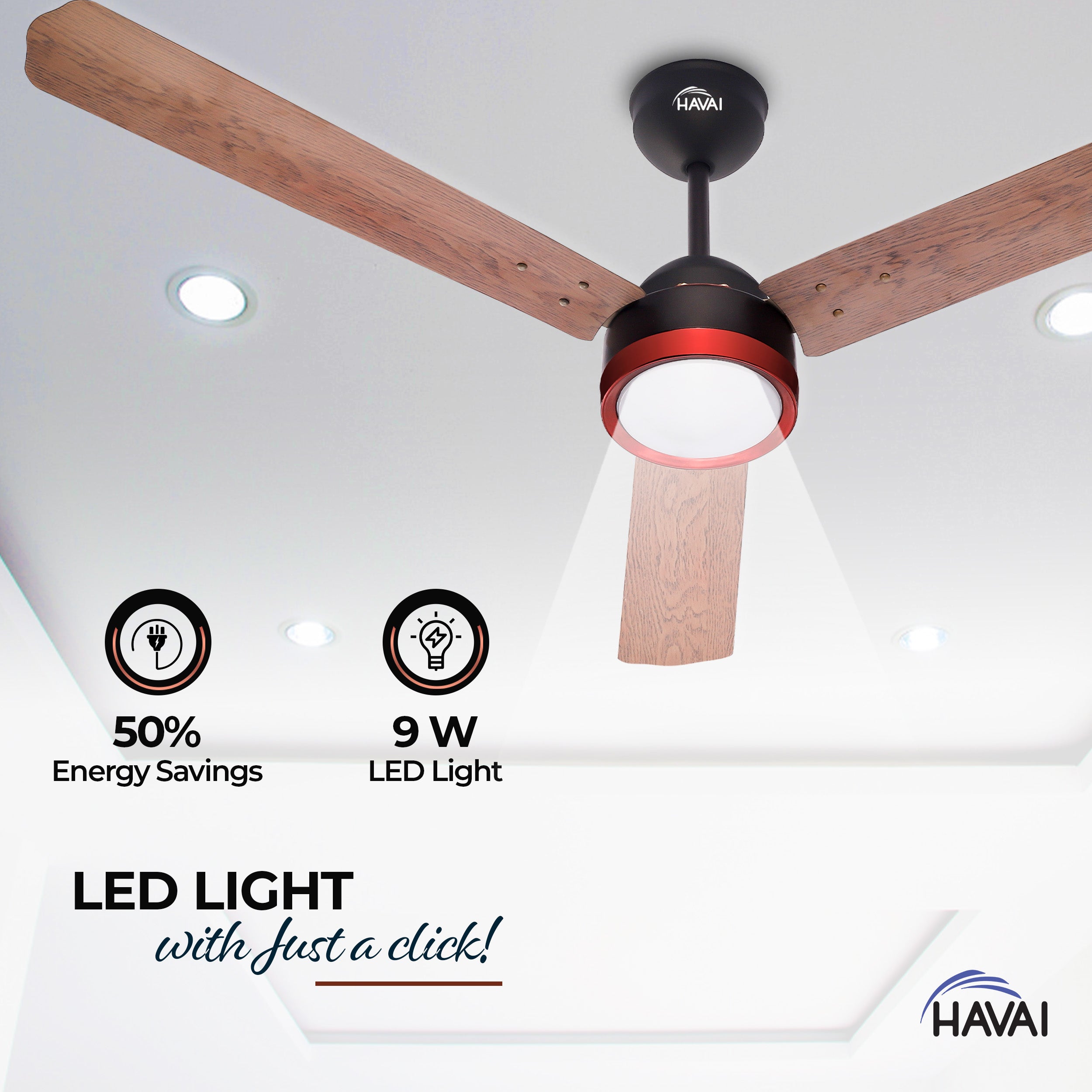 HAVAI Spinel BLDC Ceiling Fan with Decorative Ring | 1200mm, 3 Blades, 27W | Remote Control & 9W LED Light | 2 Years Warranty | Smoky Brown