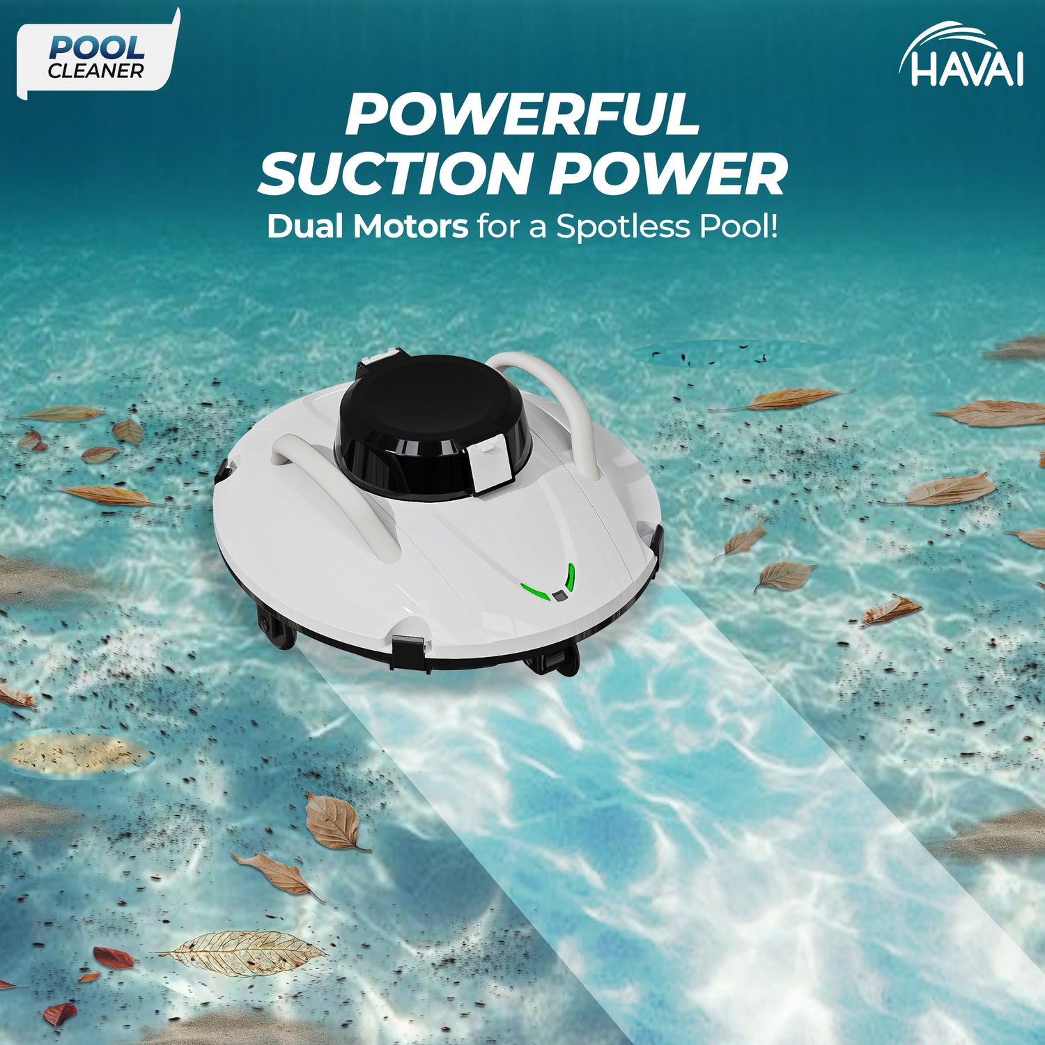 HAVAI Cordless Pool Cleaner - 30W Power, Dual Motor, 4-Wheel Robotic Pool Vacuum with Bottom Scrapers - Ideal for Cleaning Pool Floors and Removing Dirt Easily, 1 Year Warranty