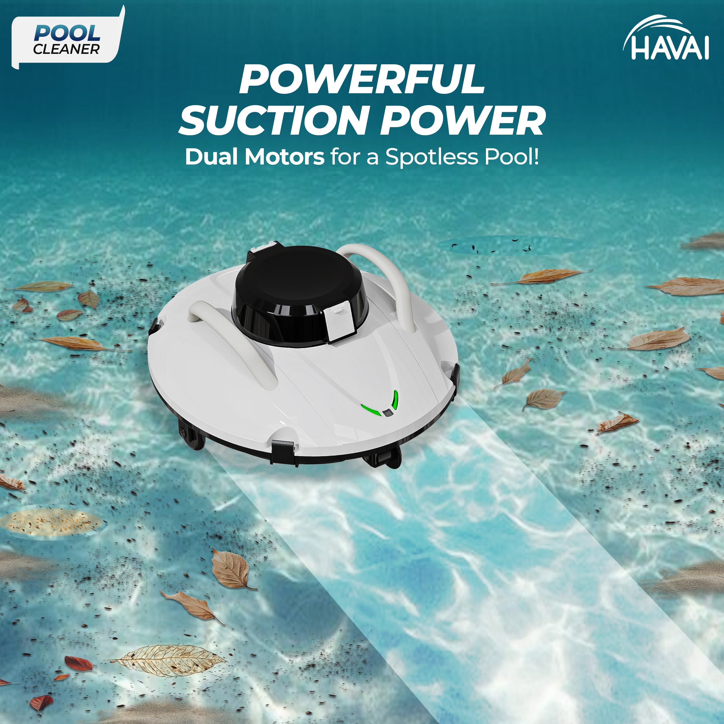 HAVAI Cordless Pool Cleaner - 30W Power, Dual Motor, 4-Wheel Robotic Pool Vacuum with Bottom Scrapers - Ideal for Cleaning Pool Floors and Removing Dirt Easily, 1 Year Warranty