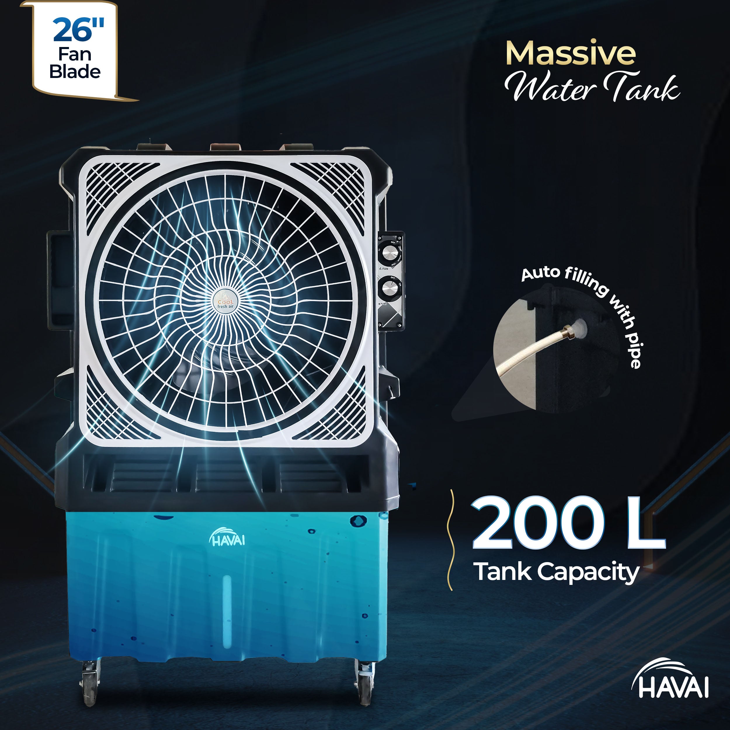 HAVAI Cyclone 26 Desert Air Cooler | 26" Fan Blade | 200L Tank Capacity | 440W High-Performance Cooling | 750 Sq. Ft. Coverage | Auto Swing | Three Side Honeycomb Pads | Lockable Wheels | Black