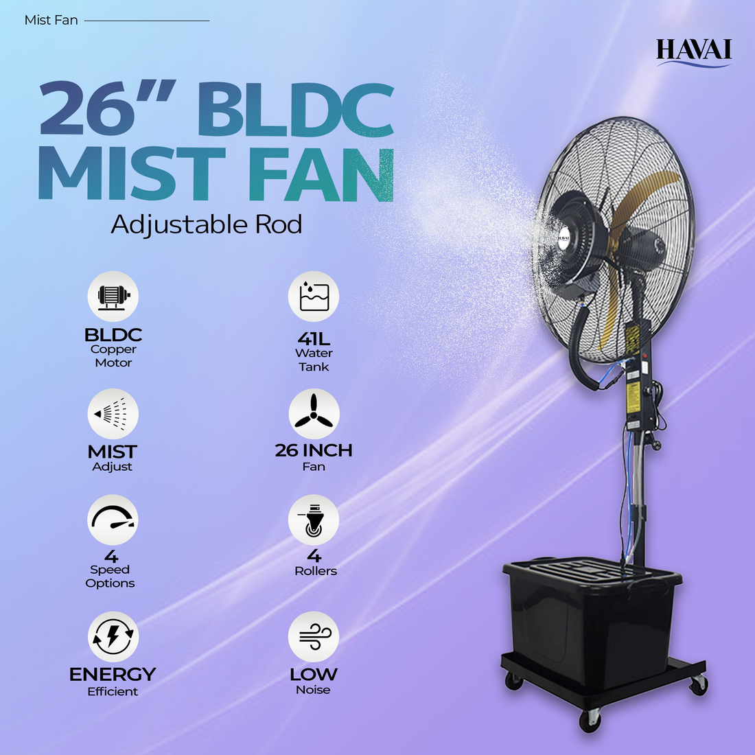 Havai 26″ BLDC Mist Fan with Adjustable Height Rod | 41 L Tank | 4-Speed Control | High-Coverage Cooling for Indoor & Outdoor | Yellow & Black | 2 Year Warranty & Free Installation