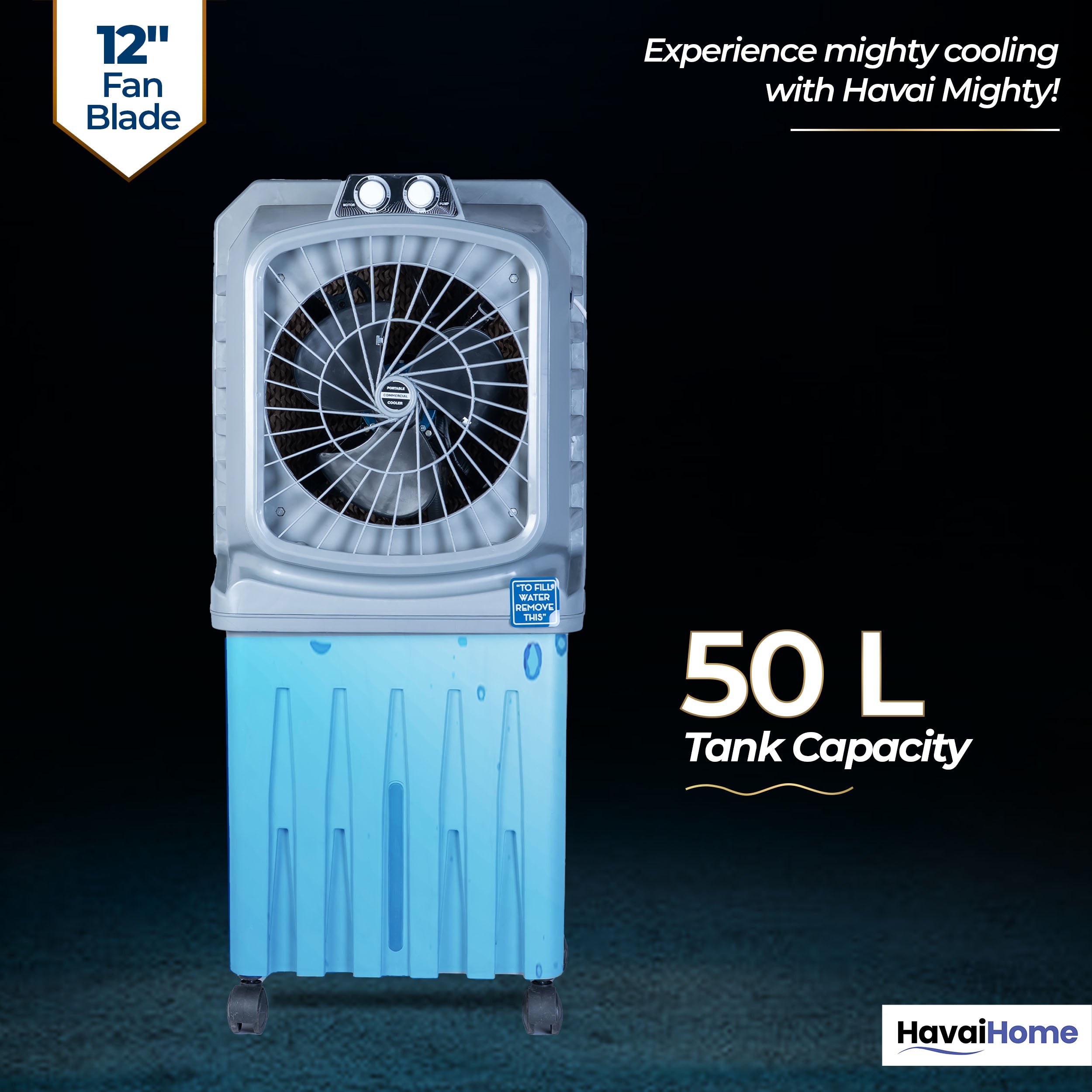 Mighty 12 Personal Air Cooler | 12 inch Blade | 50L Tank Capacity, 120W Power, 200 Sq. Ft. Area Coverage | 15 Ft. Air Throw, 3-Speed Control, Grey