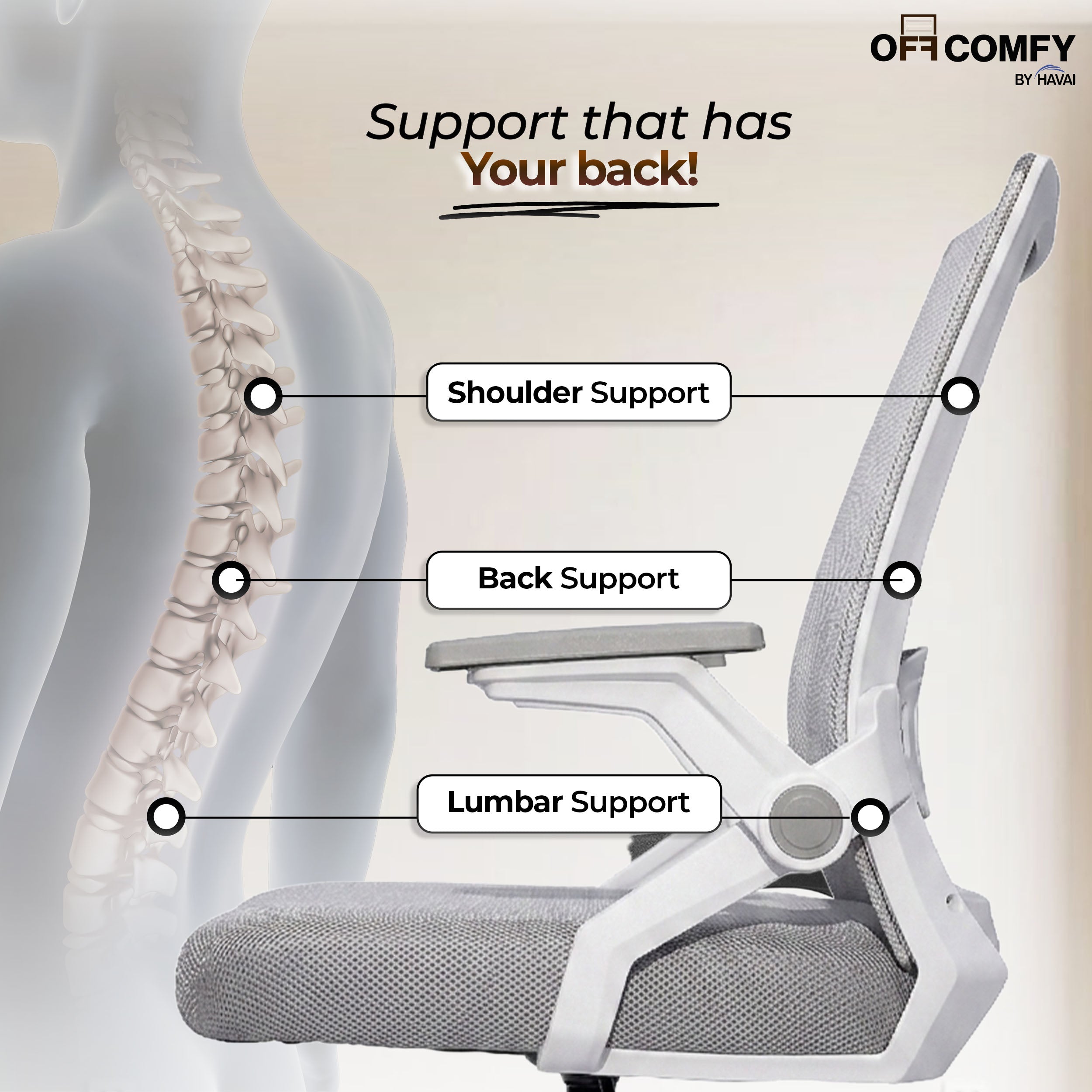 HAVAI Airon Ergonomic Office Chair with Mesh Back | Executive Computer Chair with Reclining & Folding Function | Nylon Armrests | Class 2 Gas Lift | Plywood Base Support | Grey Seat | WFH & Office Use | (Grey)