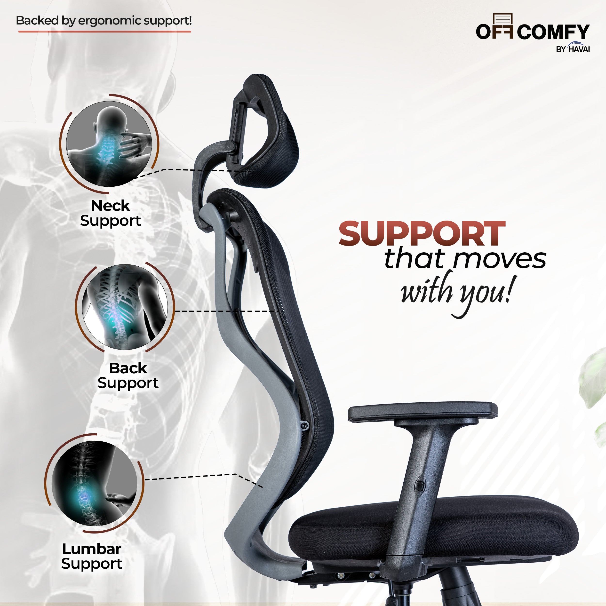 Off Comfy by HAVAI - Titan Lite Black Chair | Korean Mesh | 2D Arms | Lumbar | Seat Slider | Gaslift | Chrome Base | 60mm Castors