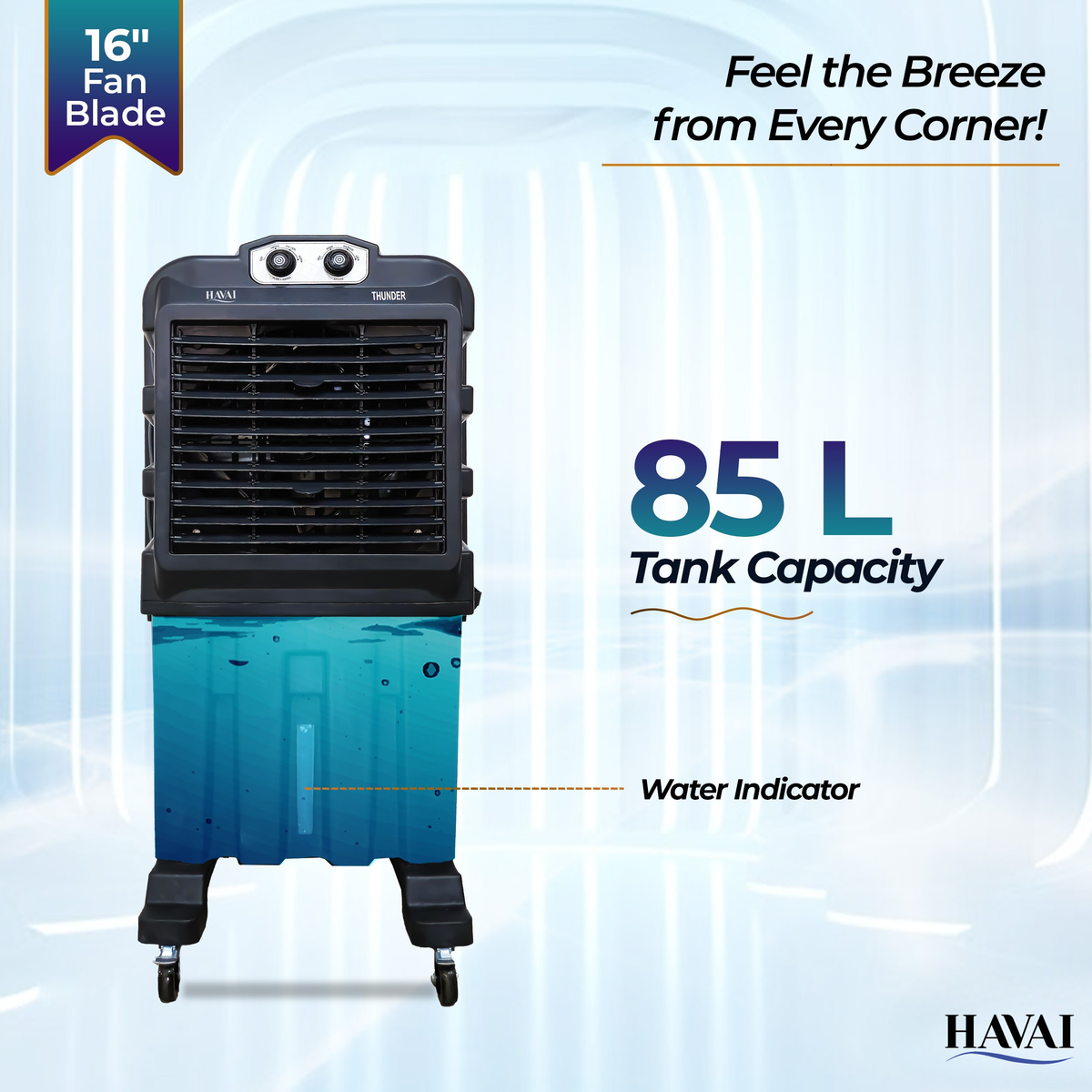 HAVAI Thunder 85 Desert Cooler – 85L, 16-Inch Aluminum Blade, Single Side Thick Honeycomb, 300 sq. ft. Coverage, Powerful Air Throw & Delivery