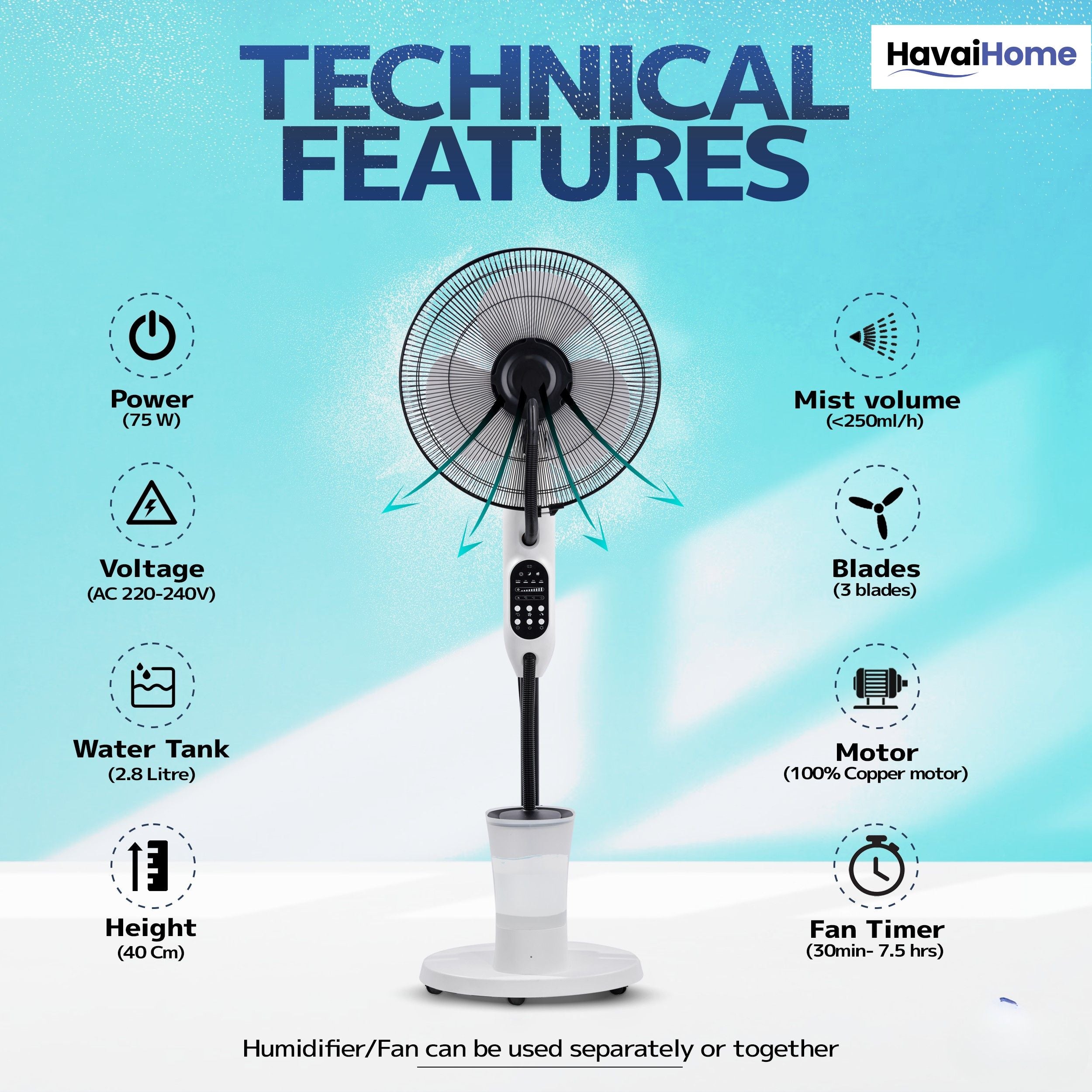 Blu Mist Pedestal Fan – 16" Residential Mist Fan | Remote Control | 2.8 Litre Tank | Installation Included (White, Pack of 1)