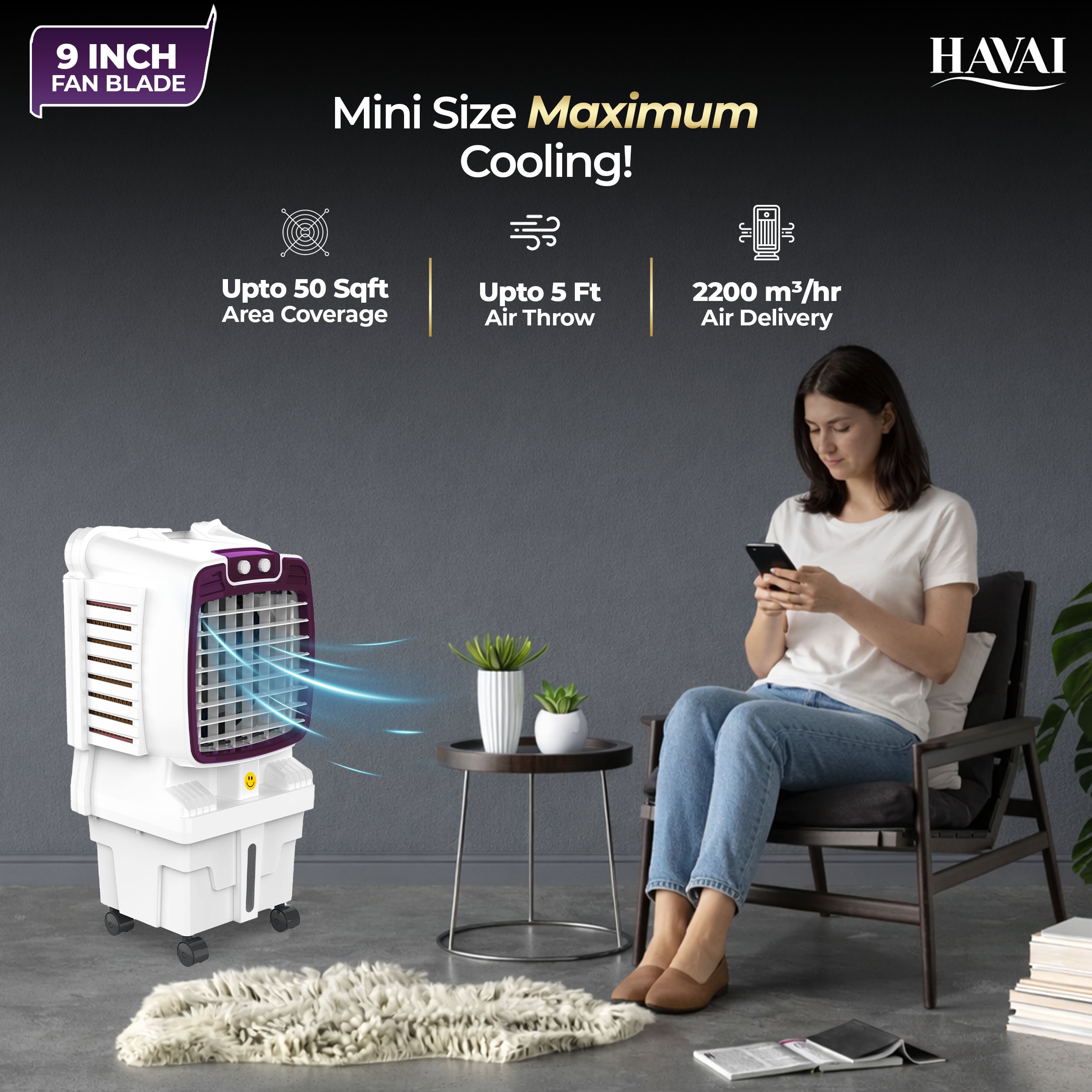 HAVAI Arizona 9 Mini Personal Air Cooler | India’s First 9-Inch Blade Cooler | 2600 RPM | 5 Ft Air Throw | 3-Side Honeycomb | 12L Tank | Motorised Louvers | 120W | Ideal for 50 Sq Ft