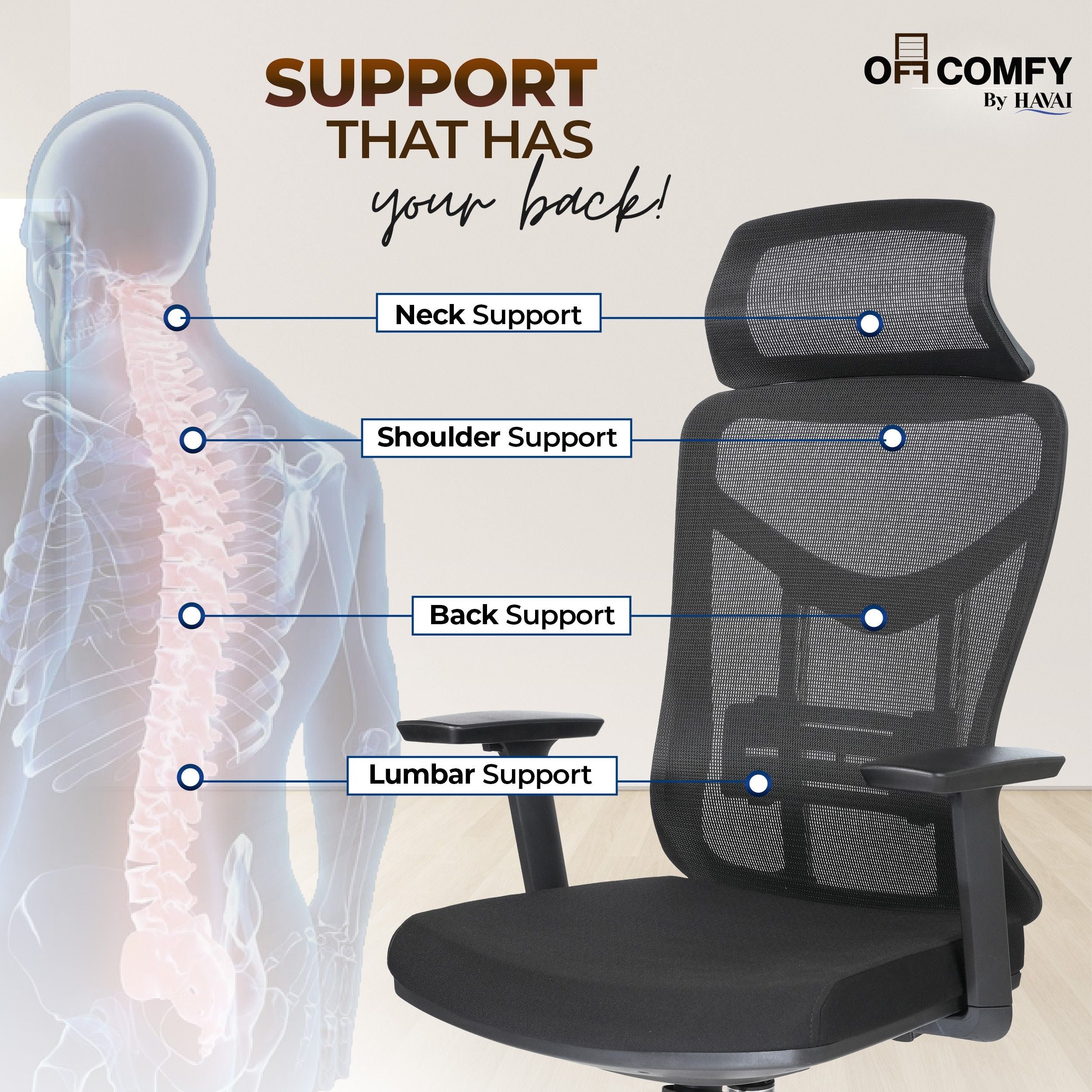 HAVAI Pulse High Back Ergonomic Mesh Office Chair | Multi-Lock Tilt Mechanism | Chrome Base| Breathable Mesh Back | Fixed Headrest (Black)