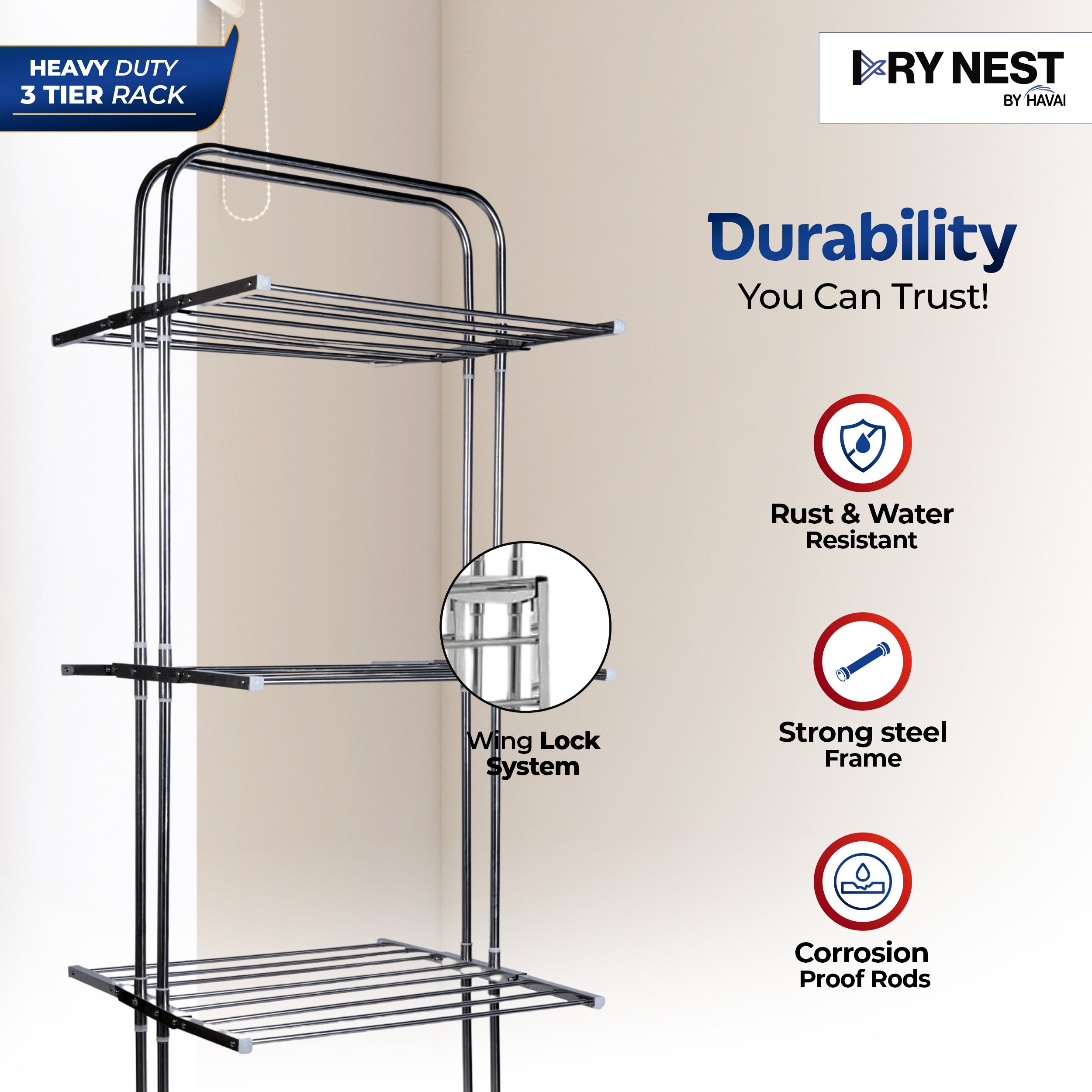DryNest By HAVAI – Heavy Duty 3-Tier Foldable Cloth Drying Stand | Stainless Steel Rack for Indoor & Outdoor Use | Portable Clothes Stand for Balcony & Home Drying