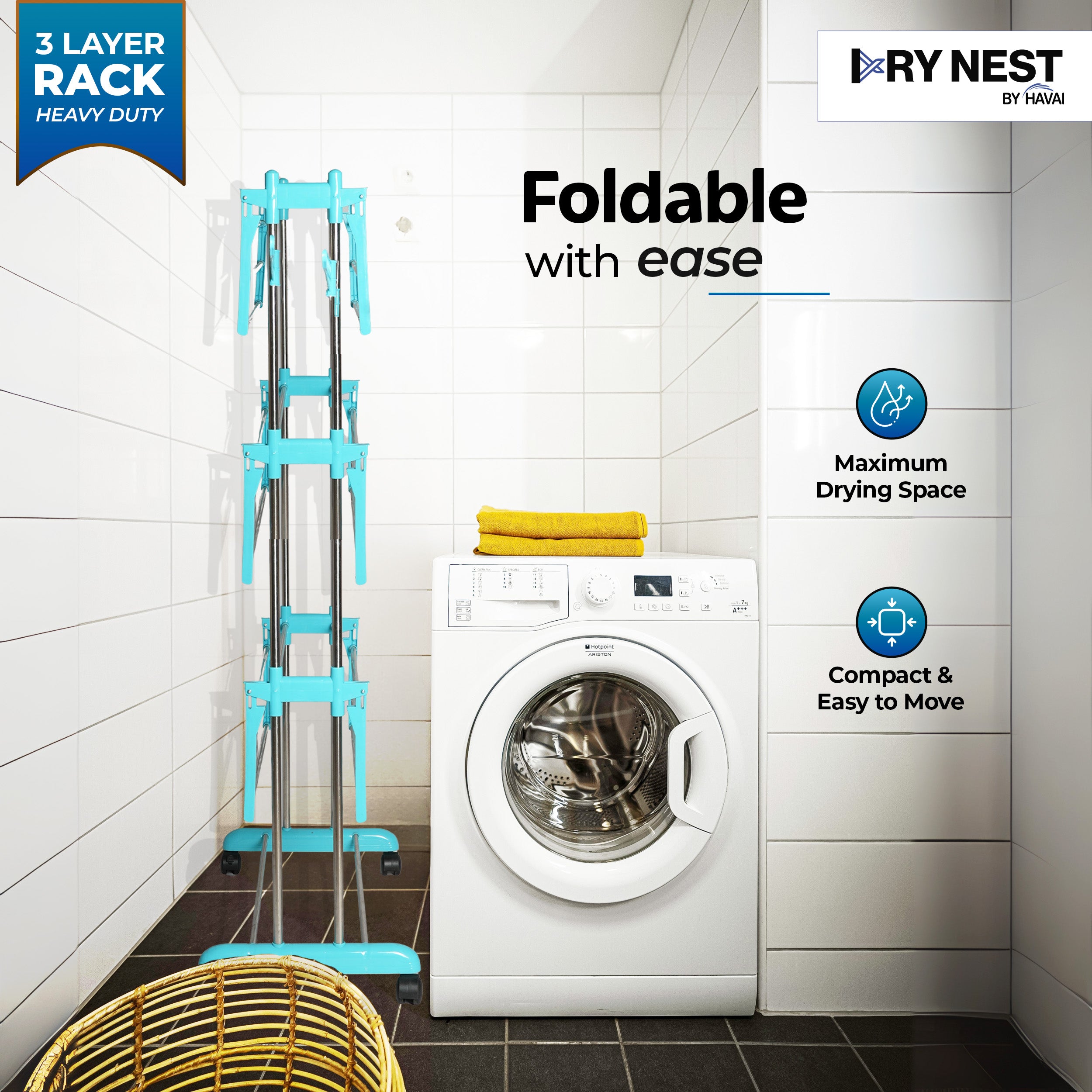 HAVAI DryNest 5.2 KG Premium Clothes Drying Stand with Wheels | Heavy-Duty Rust-Free Steel & Strong Steel Rods | 3-Layer Foldable Jumbo Rack | Portable & Balcony-Friendly
