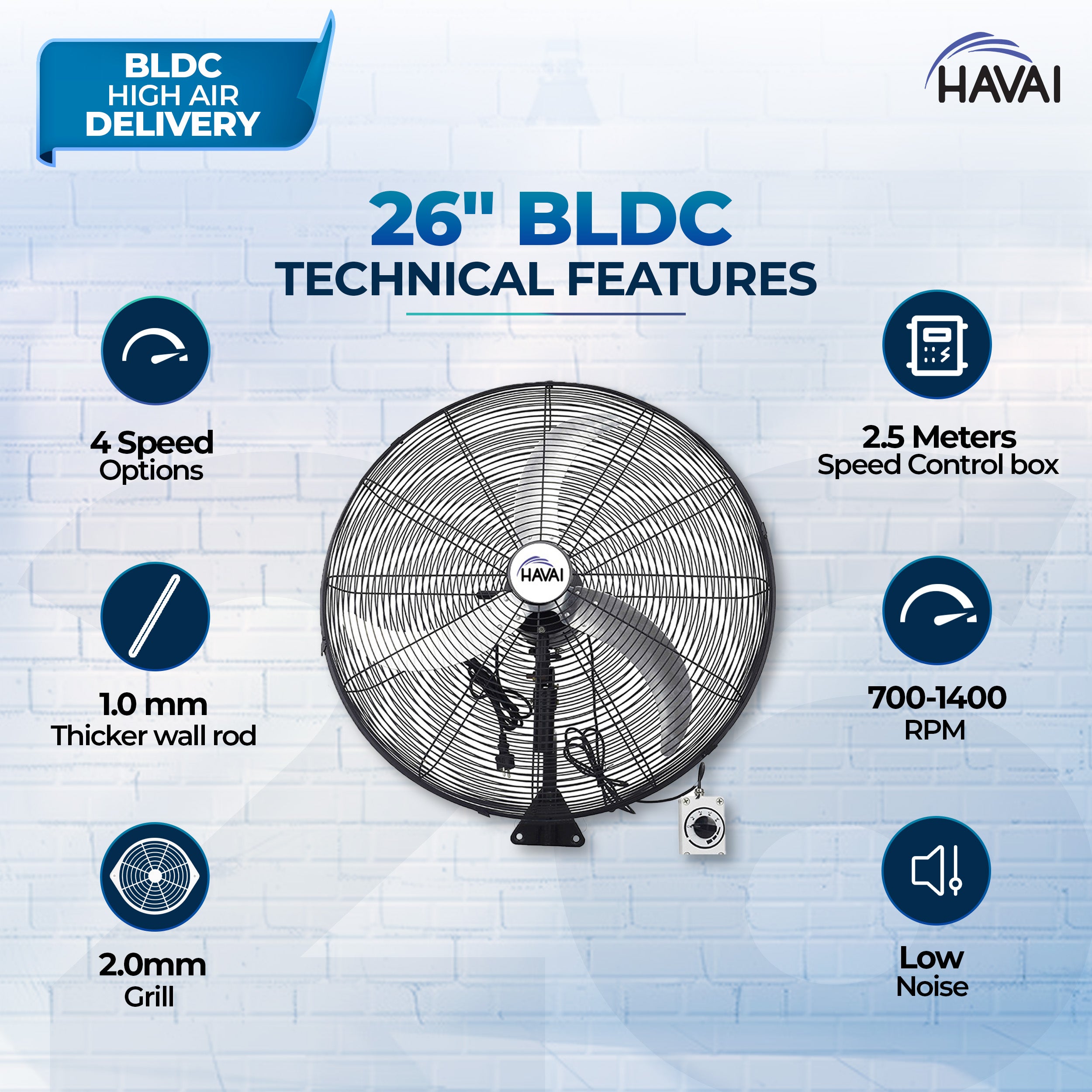 HAVAI 26" BLDC High-Speed Wall-Mount Fan – 3-Blade Design, Energy Efficient (20W-135W), 700-1400 RPM, 13,500 M³/Hr Airflow, 60-Foot Air Throw, 4-Speed Control, 2-Year Warranty
