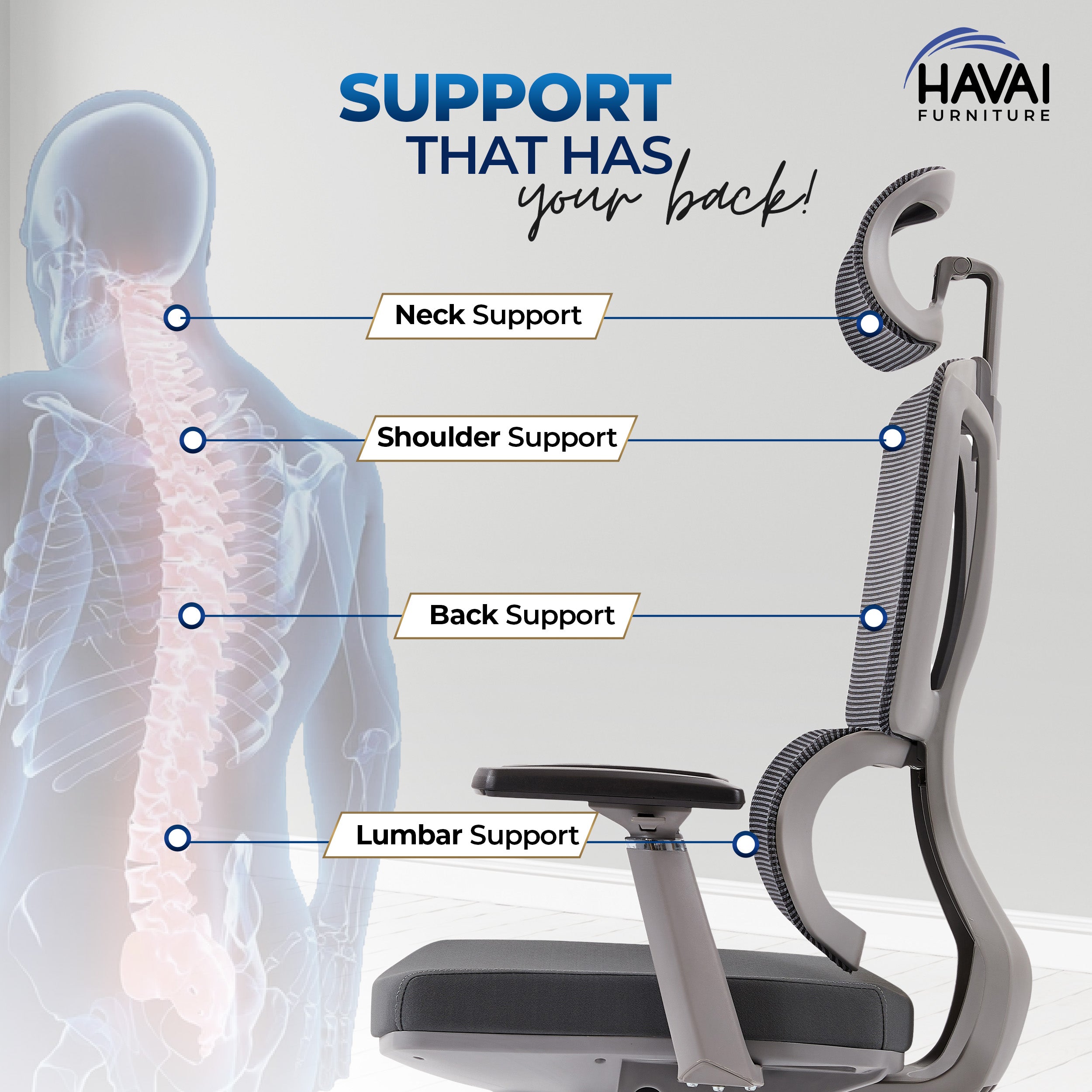 HAVAI Neo High Back Ergonomic Mesh Office Chair | Multi-Lock Mechanism | Chrome Base | 3D Armrests with PU Pads | Adjustable Headrest | Breathable Mesh Back (Grey)