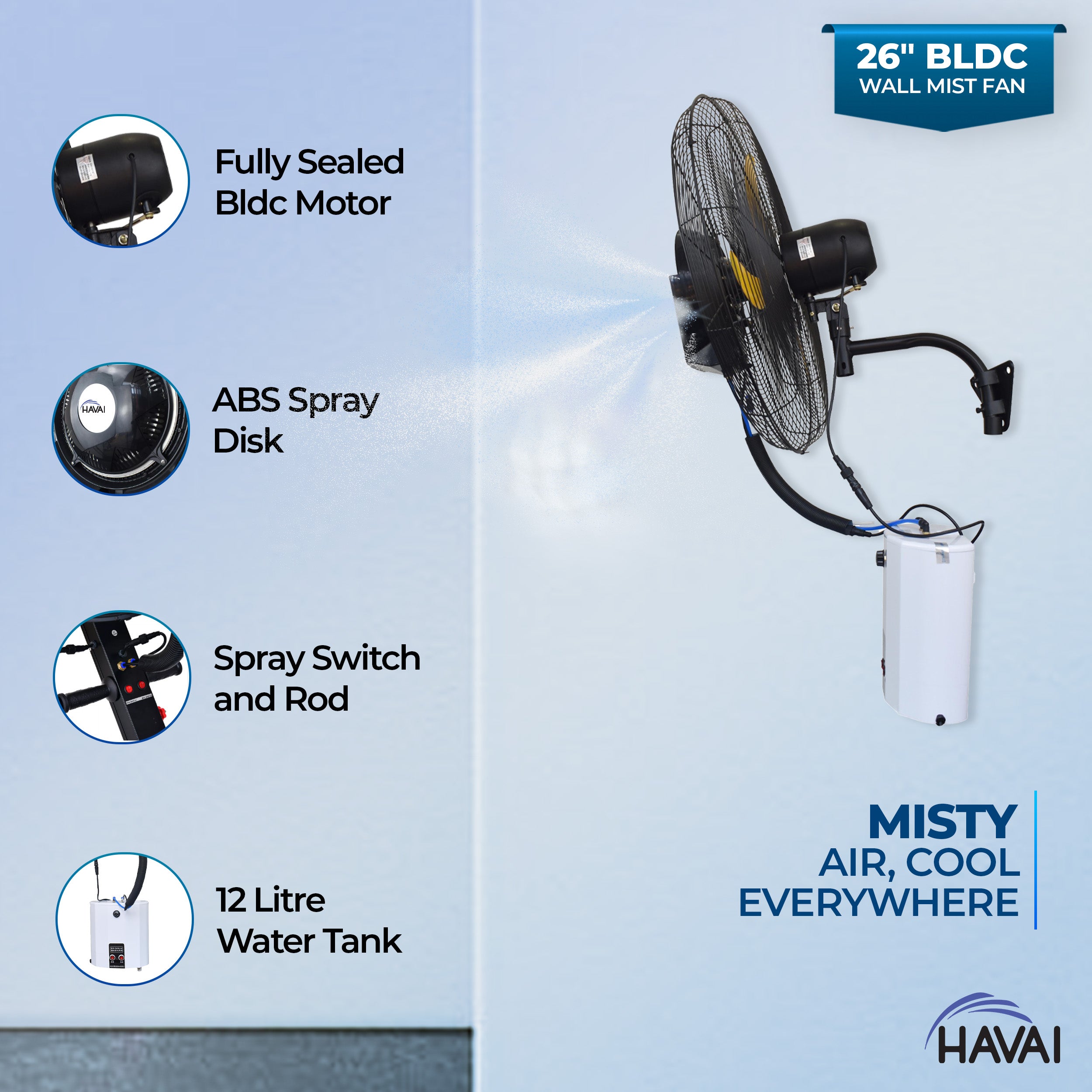 HAVAI 26" BLDC Wall-Mount Mist Fan – 450 Sq. Ft. Coverage, 12L Tank, 1300-9000 M³/Hr Airflow, 4-Speed Control, Yellow & Black, 2-Year Warranty