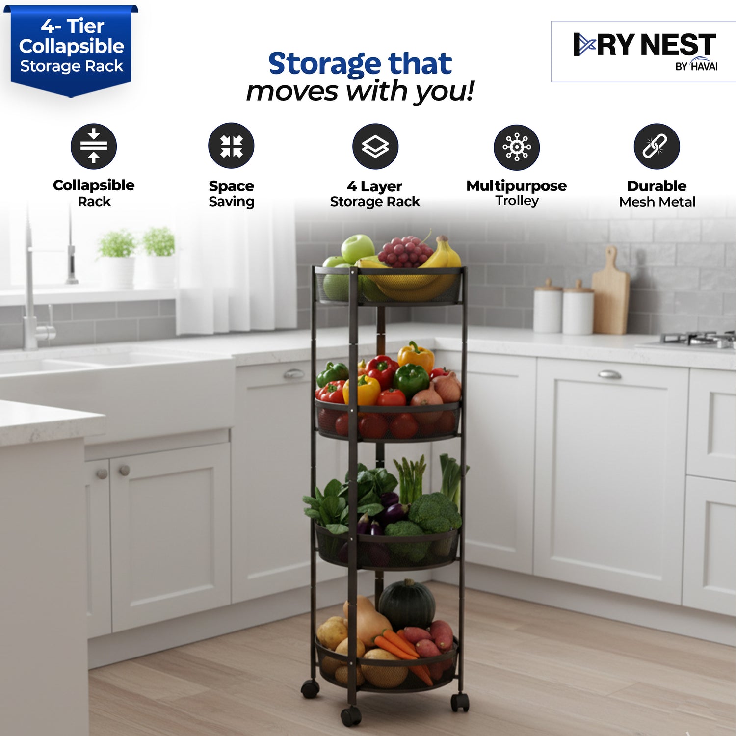 HAVAI 4 Tier Collapsible Storage Rack Trolley | Portable Mesh Basket Organizer with Wheels | Foldable Kitchen, Bathroom & Bedroom Utility Cart for Home – Black