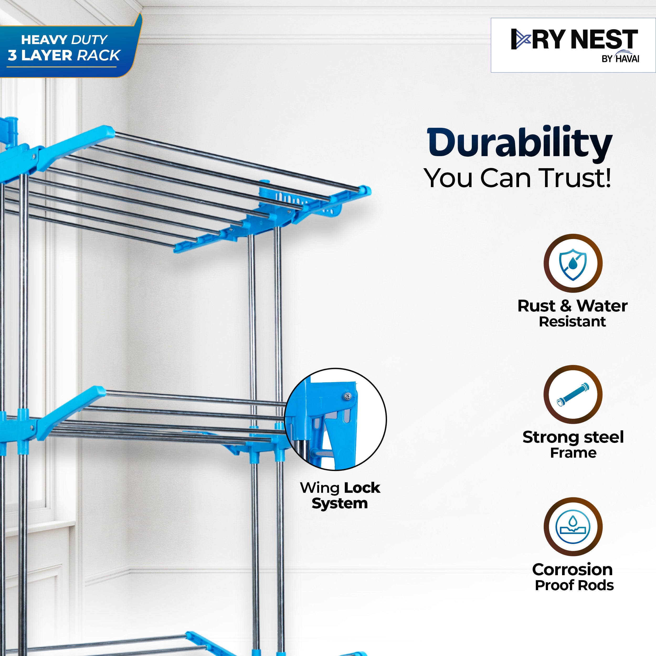 DryNest By HAVAI – Premium Clothes Drying Stand with Wheels | 3-Layer Jumbo Rack | Foldable Wings | 24 Hanger Rods | Anti-Rust Steel | Balcony-Friendly | Portable & Heavy-Duty