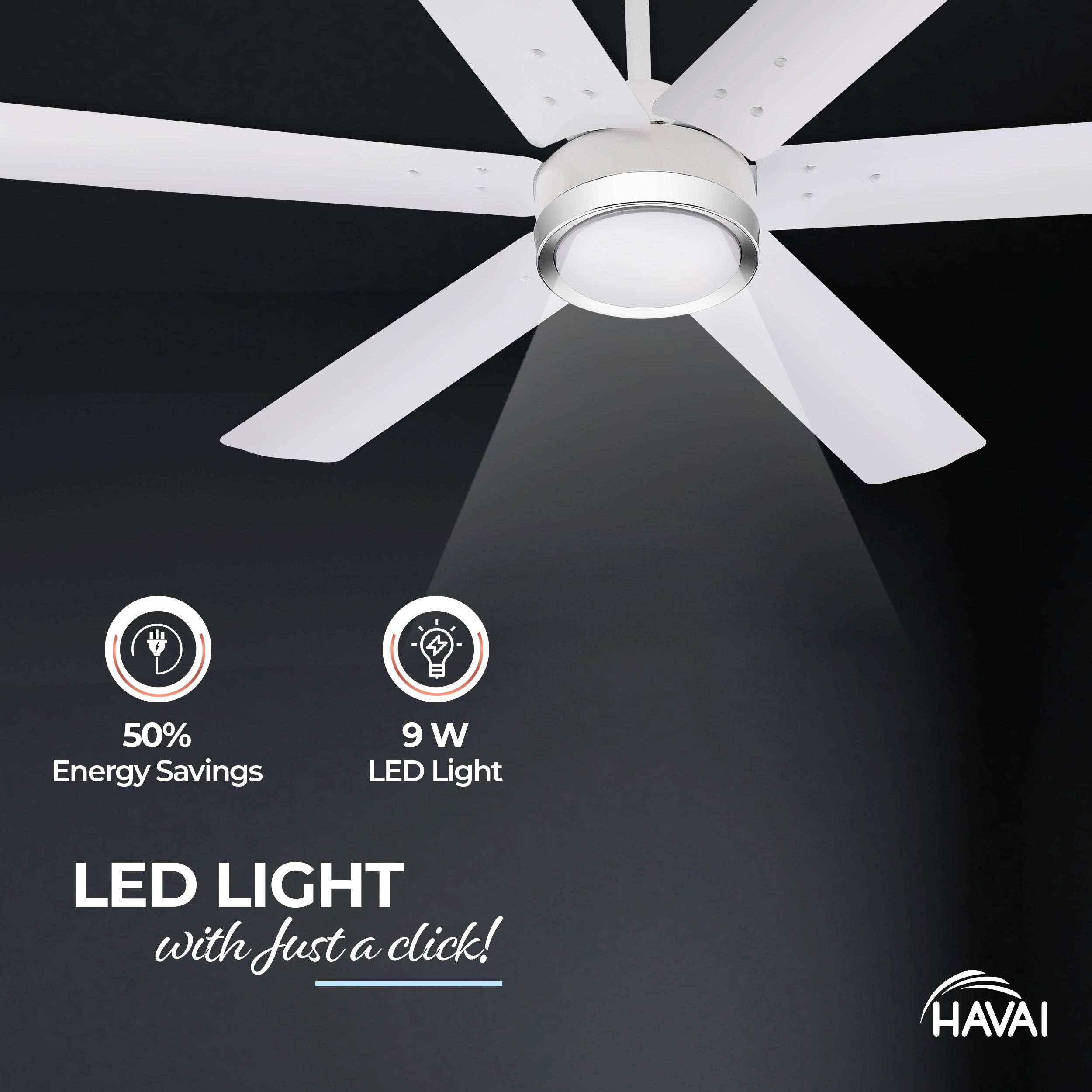 HAVAI Spinel BLDC Ceiling Fan with Decorative Ring | 1200mm, 6 Blades, 25W | Remote Control & 9W LED Light | 2 Years Warranty | Pearl White