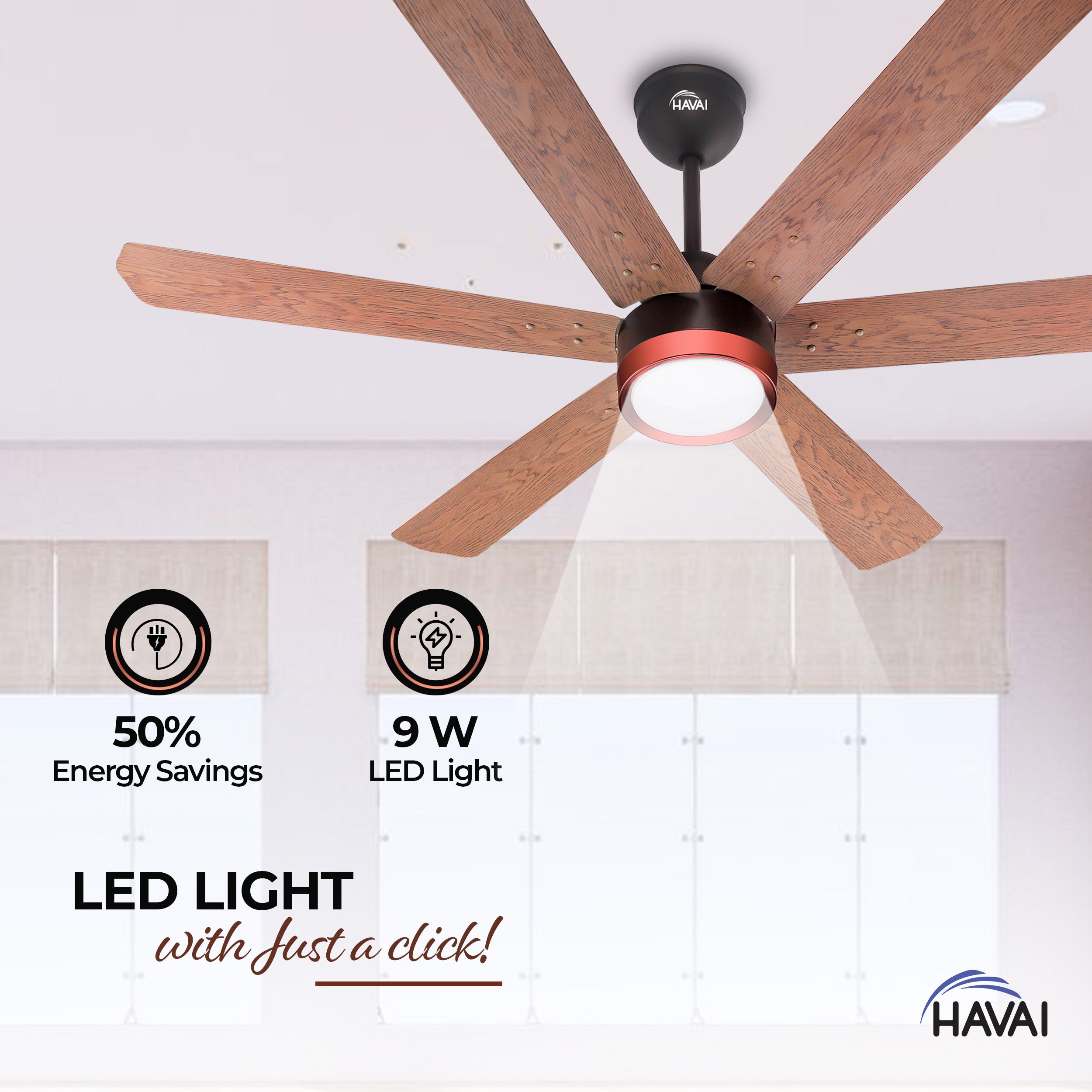 HAVAI Spinel BLDC Ceiling Fan with Decorative Ring | 1200mm, 6 Blades, 25W | Remote Control & 9W LED Light | 2 Years Warranty | Smoke Brown